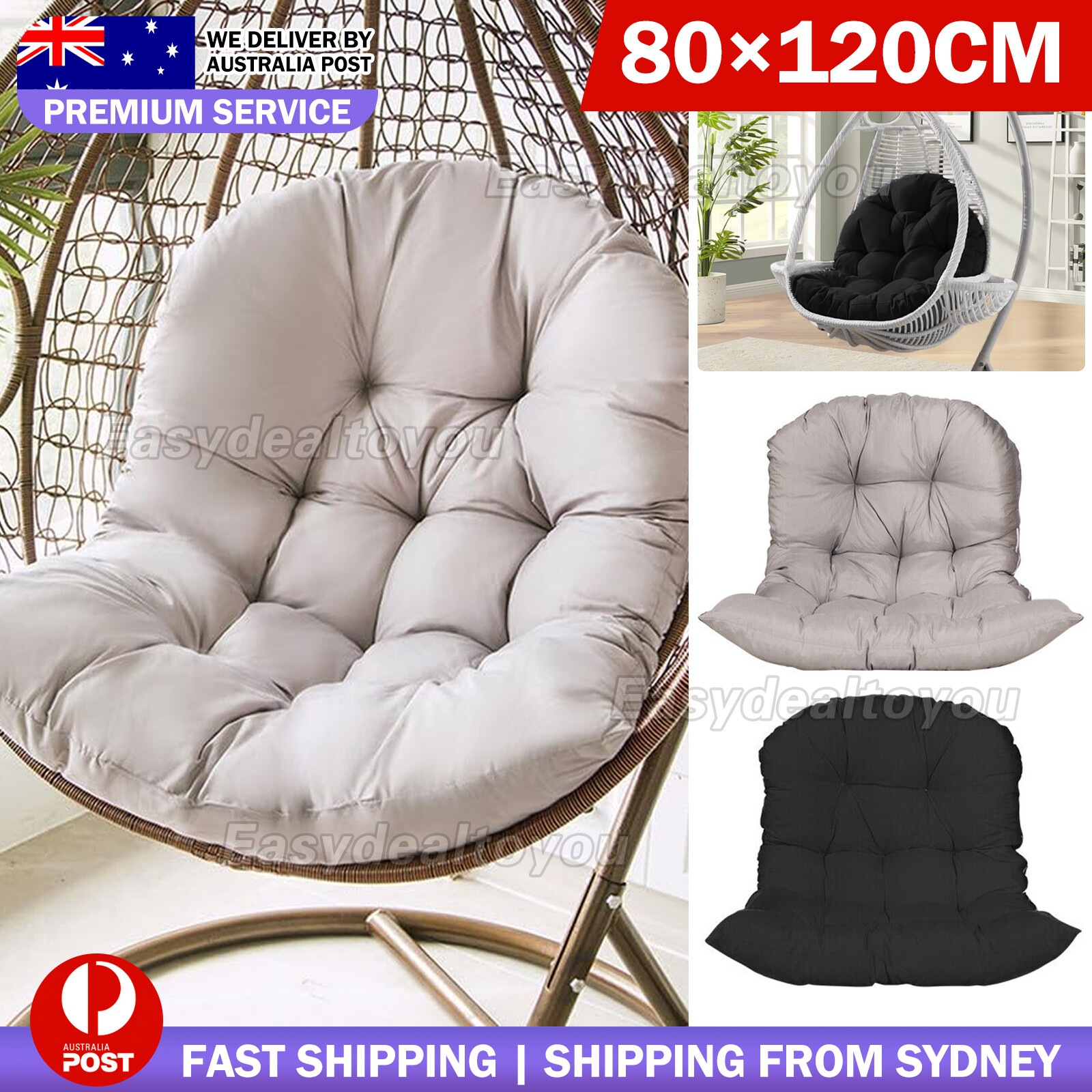 Hanging Egg Chair Cushion Swing Seat Outdoor 80x120cm Polyester Black Deep 2KG