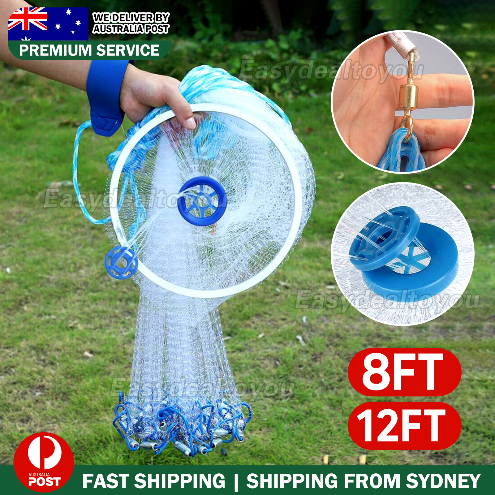VOVOWOO Fishing Cast Net Hand Throw Nylon Monofilament 2.4M/8FT Portable Blue