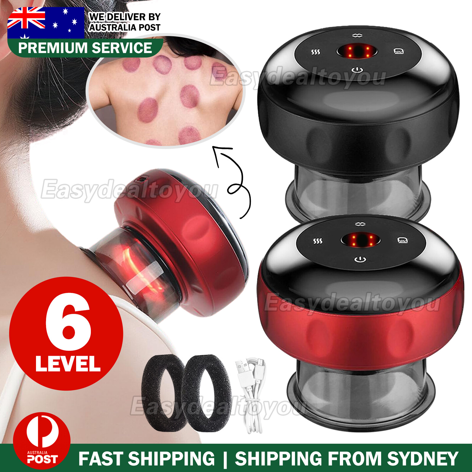 Electric Cupping Therapy Massager Red Light Heated USB Charging Black 7.8 9.4 cm