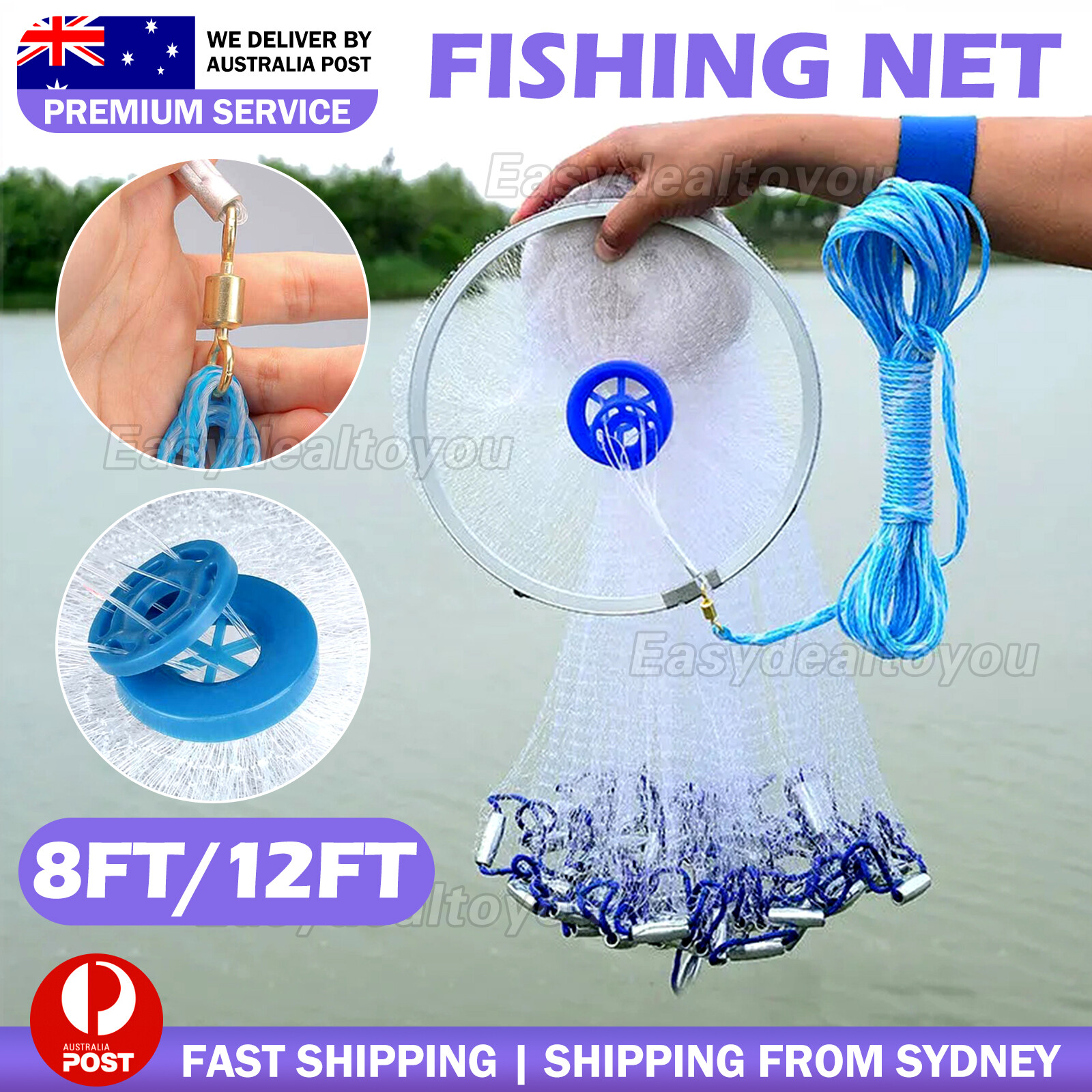 VOVOWOO Fishing Cast Net Nylon Monofilament Hand Throw 2.4M/8FT 3.6M/12FT Blue