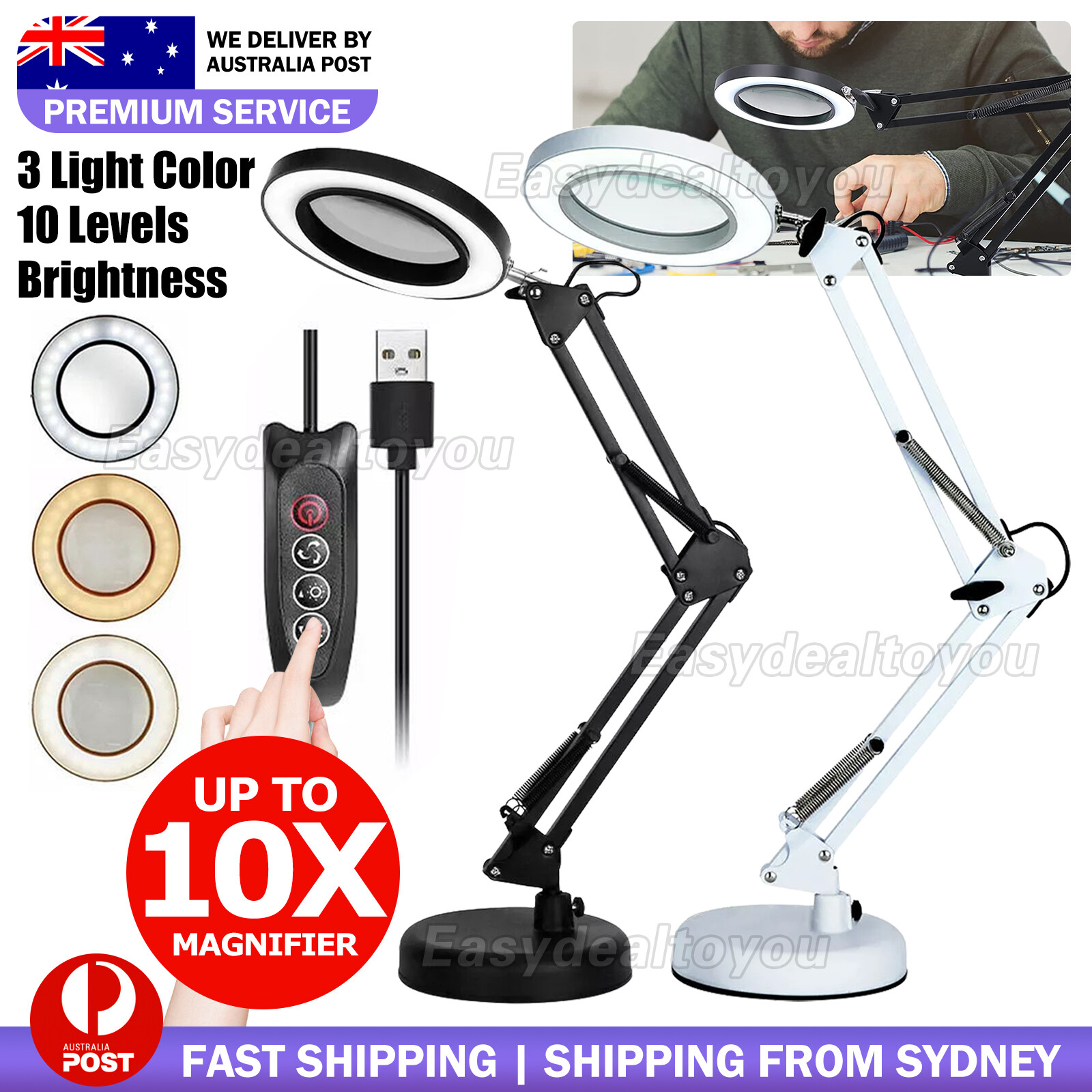 VOVOWOO 10X Magnifying Glass with LED Light Metal Desk Stand Jewellery Making