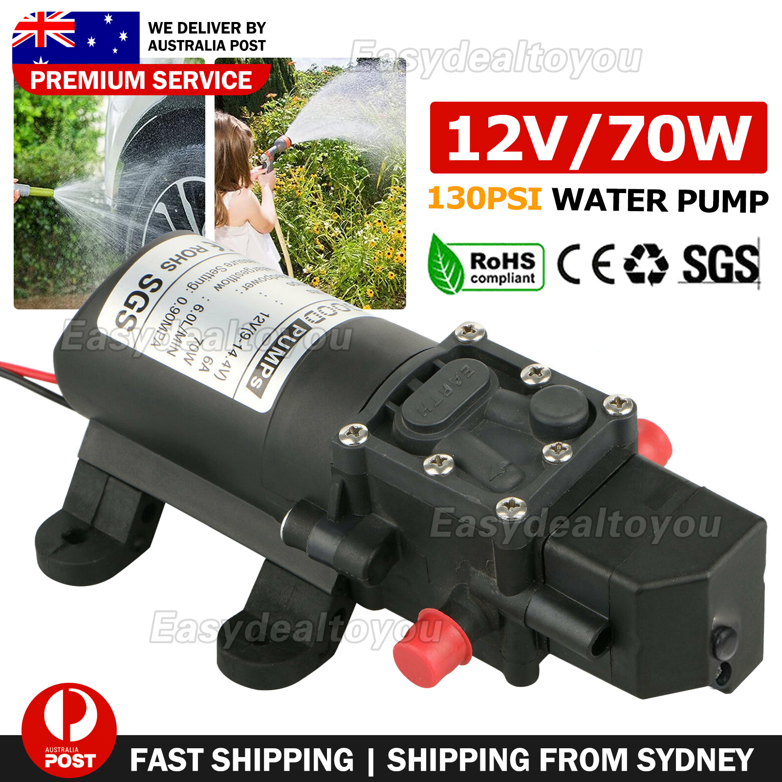 12V 70W Water Pump 4-6L Self-Priming 130PSI Caravan Camping Boat 6L/Min