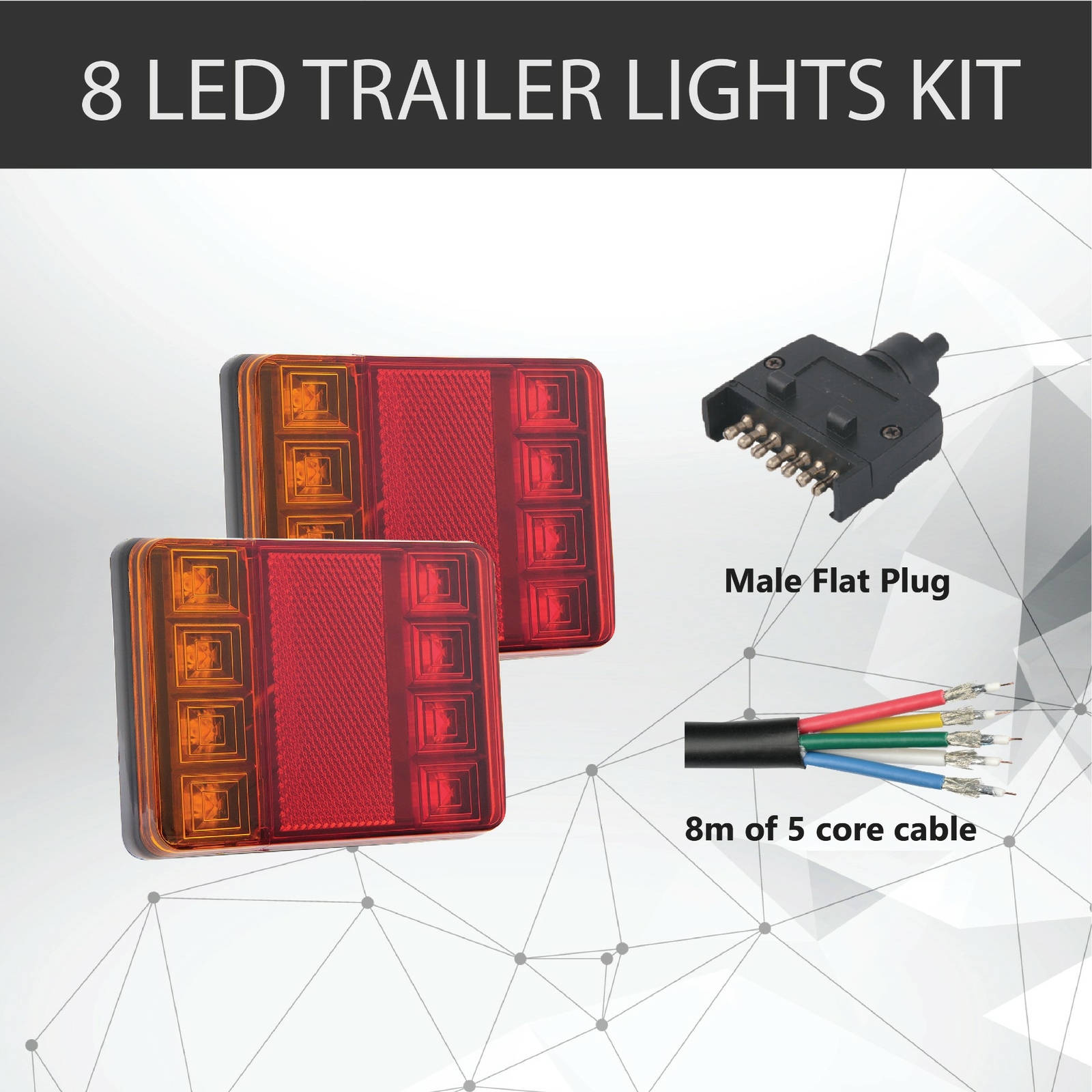 Pair 8 LED Trailer Tail Lights 12V Amber Red 8M 5 Core Cable Plug Waterproof