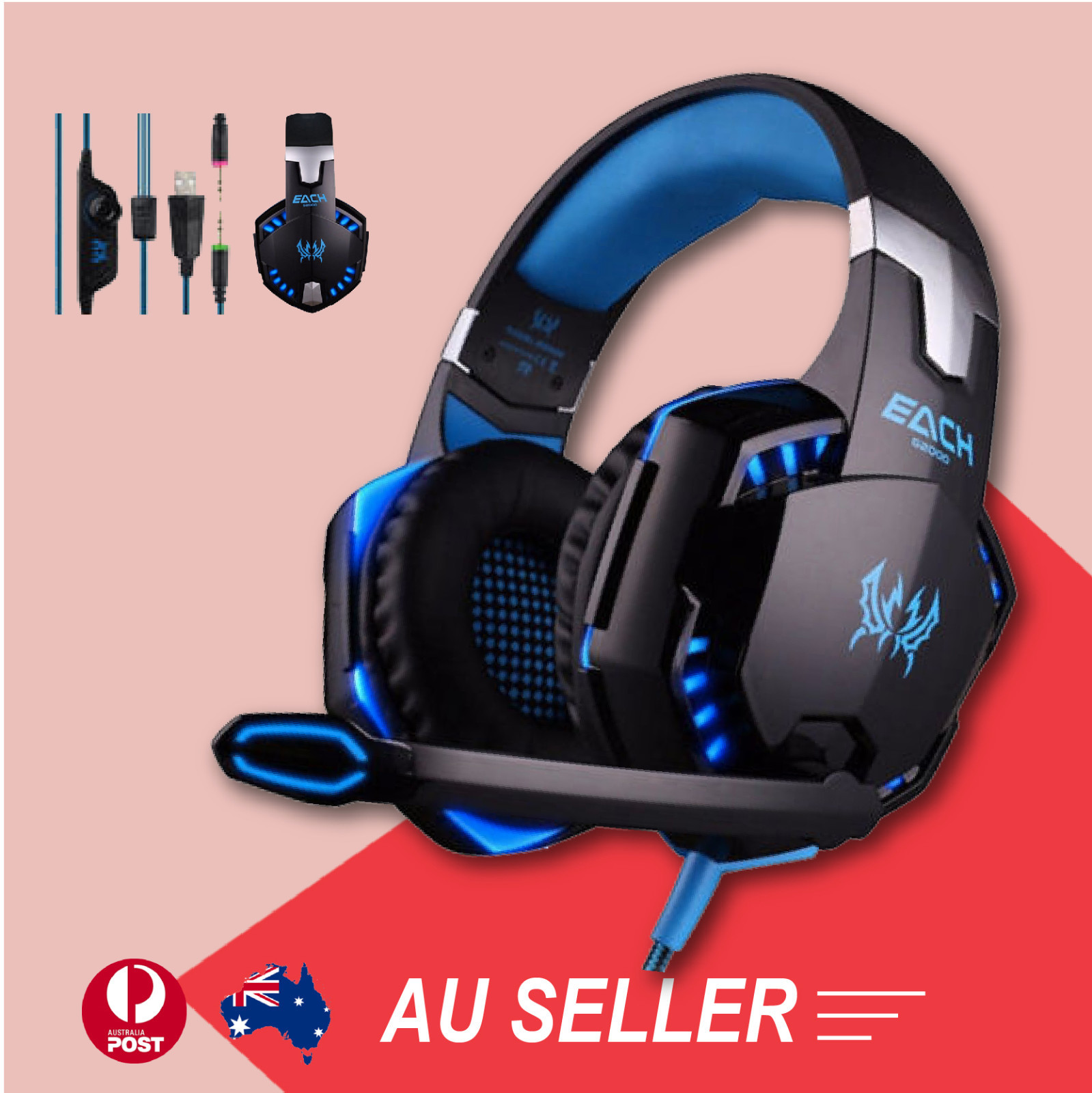 EACH G2000 Gaming Headset 3.5mm Mic Blue LED 50mm Stereo Over Ear USB Built-In