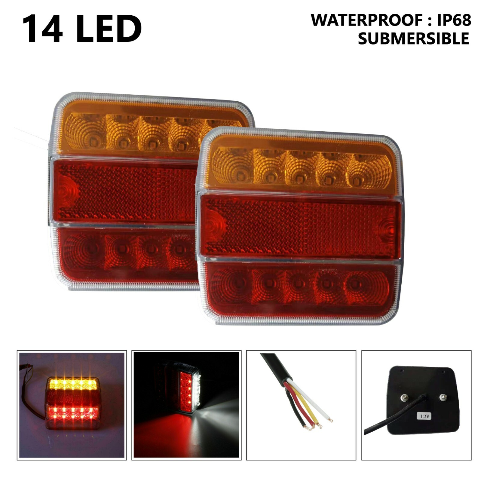 2X 14 LED Submersible/Waterproof Stop Tail Lights Trailer Kit 12V Boat Truck AU
