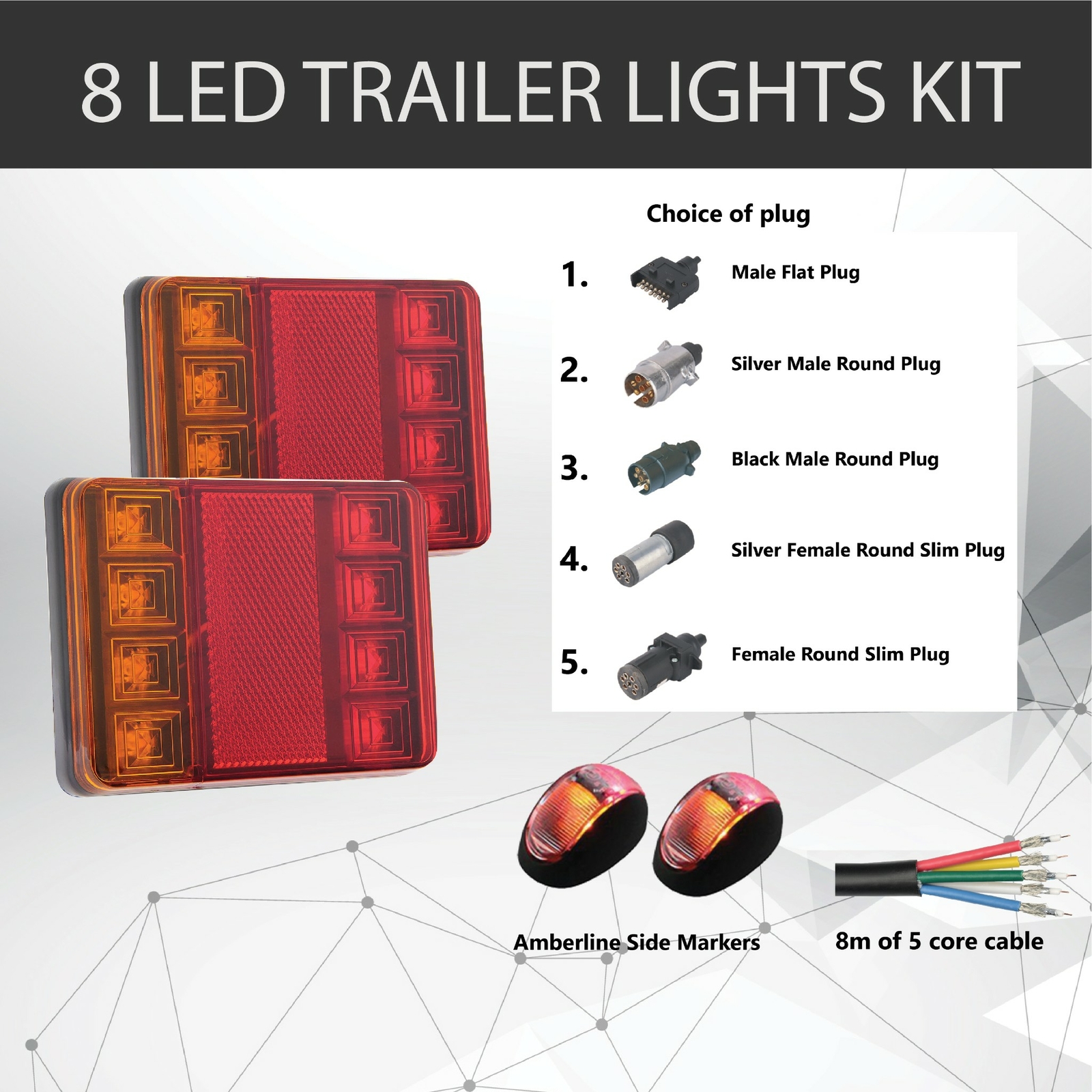 2x 8 LED Trailer Light Kit 12V Stop Indicator Amber Red 8M Cable Waterproof Plug