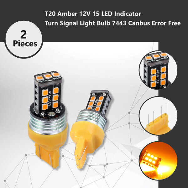 2x T20 7443 Amber 15-SMD LED Indicator Turn Signal Bulbs Canbus Error Free 12V