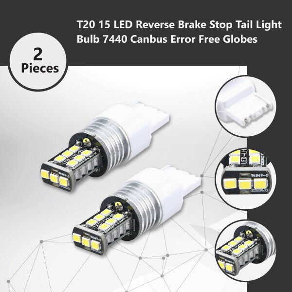 2x T20 7440 15LED CANBUS Error Free Reverse Brake Tail Light Bulbs White 12V