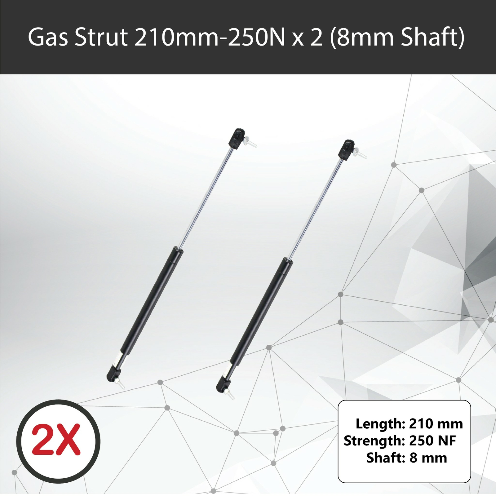 Gas Struts x2 210mm 250N 8mm Shaft 60mm Stroke 18mm Cylinder Caravan Trailer