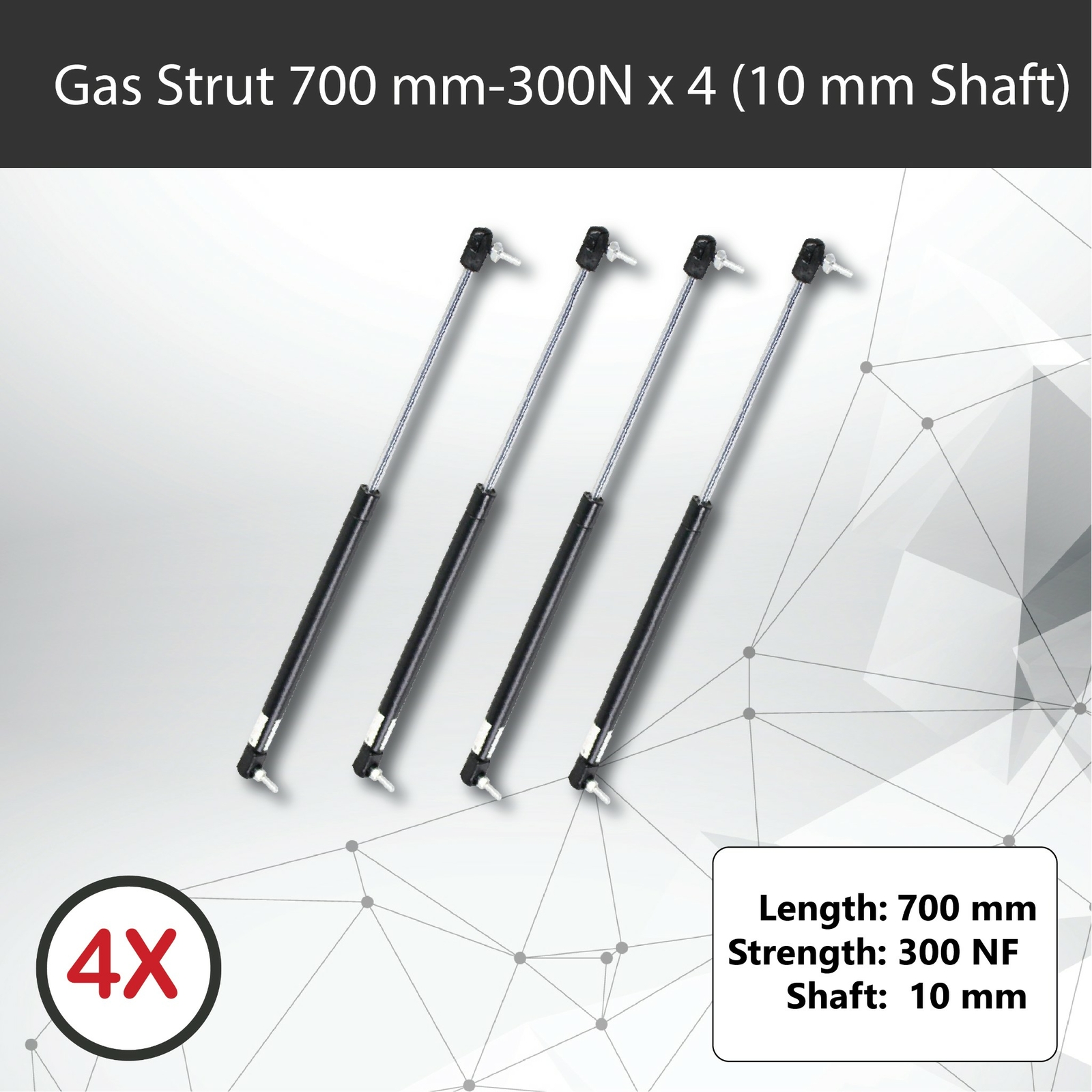 Gas Struts 700mm 300N x4 10mm Shaft 298mm Stroke 21mm Cylinder Caravan Tent