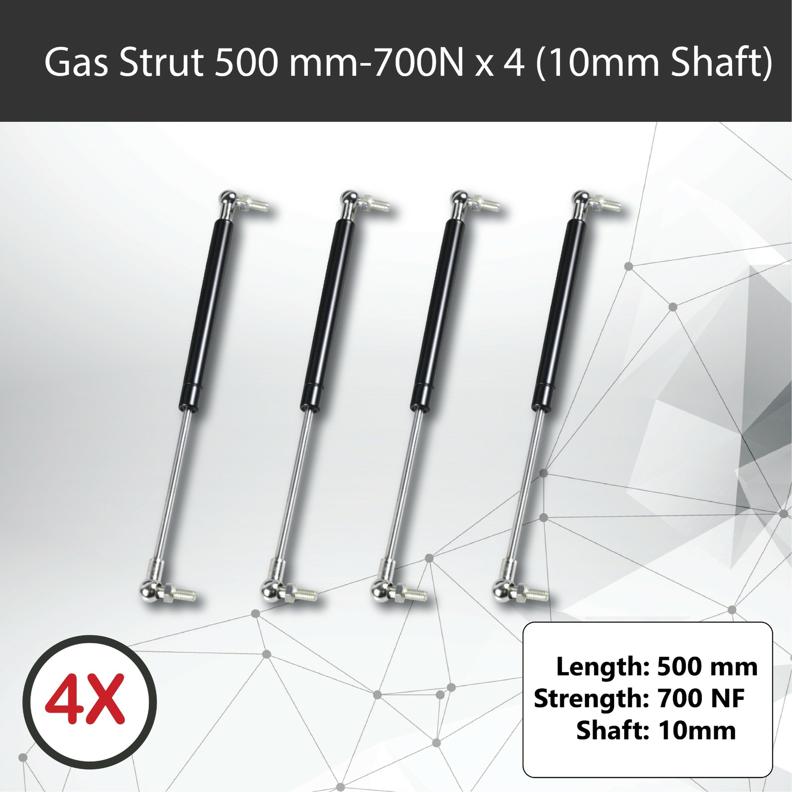 Gas Strut 500mm 700N x4 10mm Shaft 21mm Cylinder 210mm Stroke Canopy Trailer