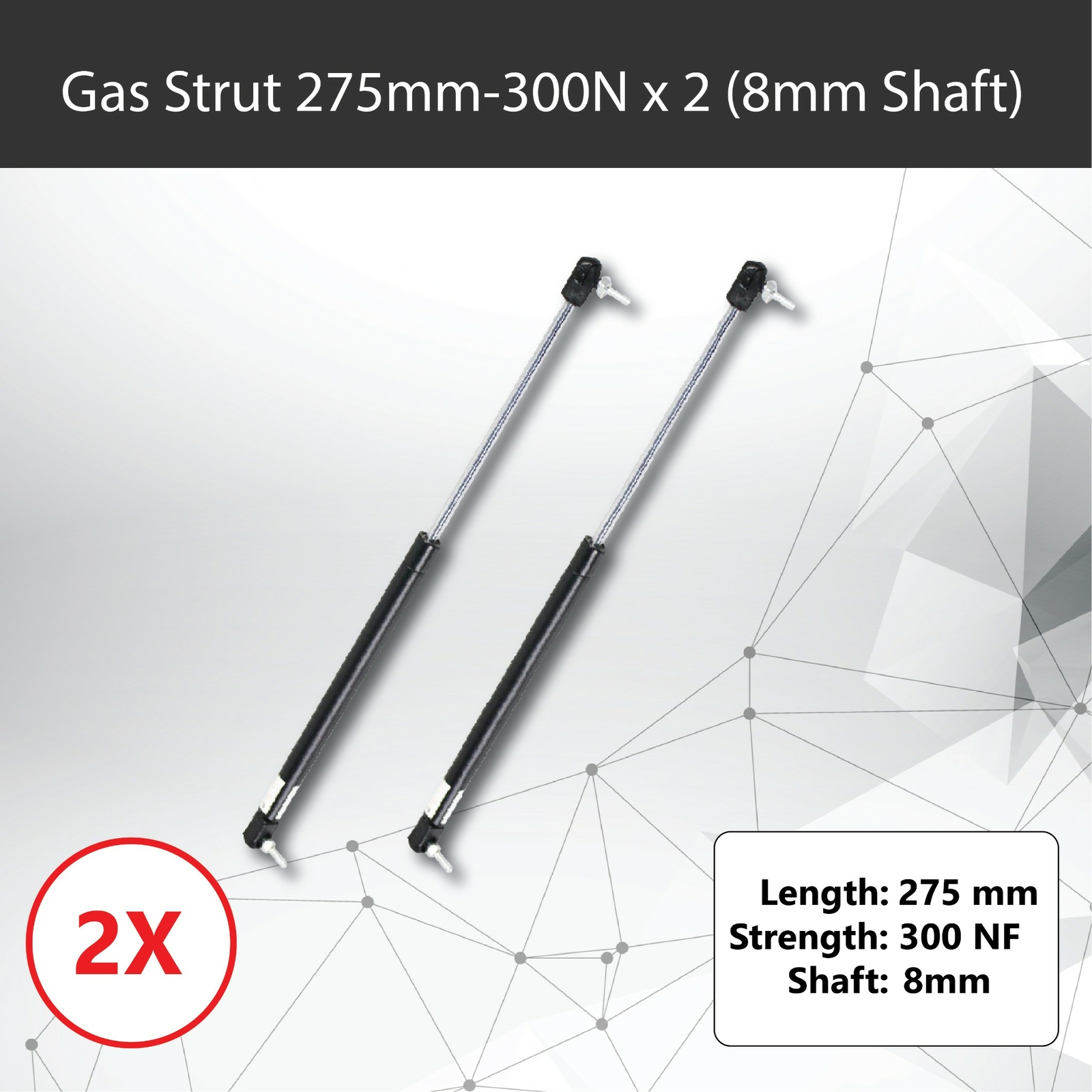 Gas Strut Pair 275mm 300N x2 8mm Shaft 100mm Stroke Caravans Trailers Canopy