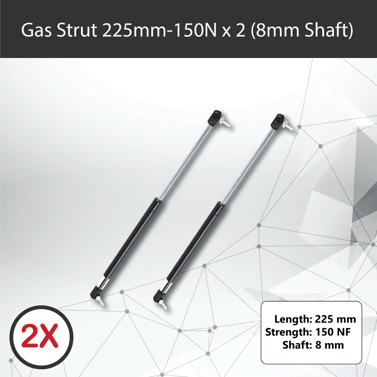 Gas Struts x2 225mm 150N 8mm Shaft 60mm Stroke 18mm Cylinder Caravan Trailer