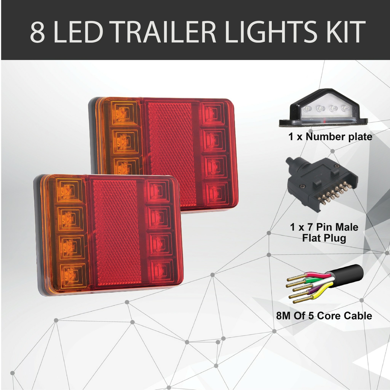 2 x 8 LED Trailer Tail Lights Kit 12V Waterproof Amber Red 8M 5 Core Cable Plug