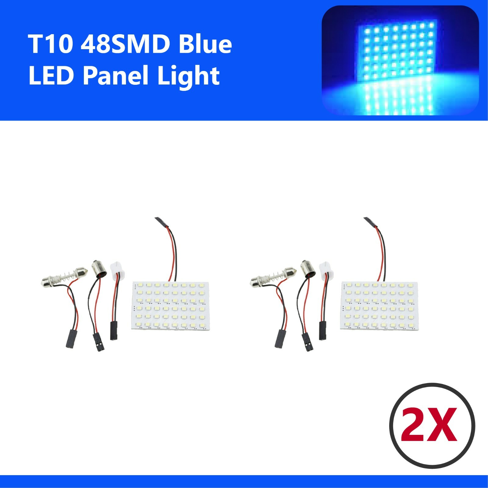 2pc 48 SMD LED Panel Blue Car Interior Bulb Lamp T10 BA9S Dome Adapter 12V DC