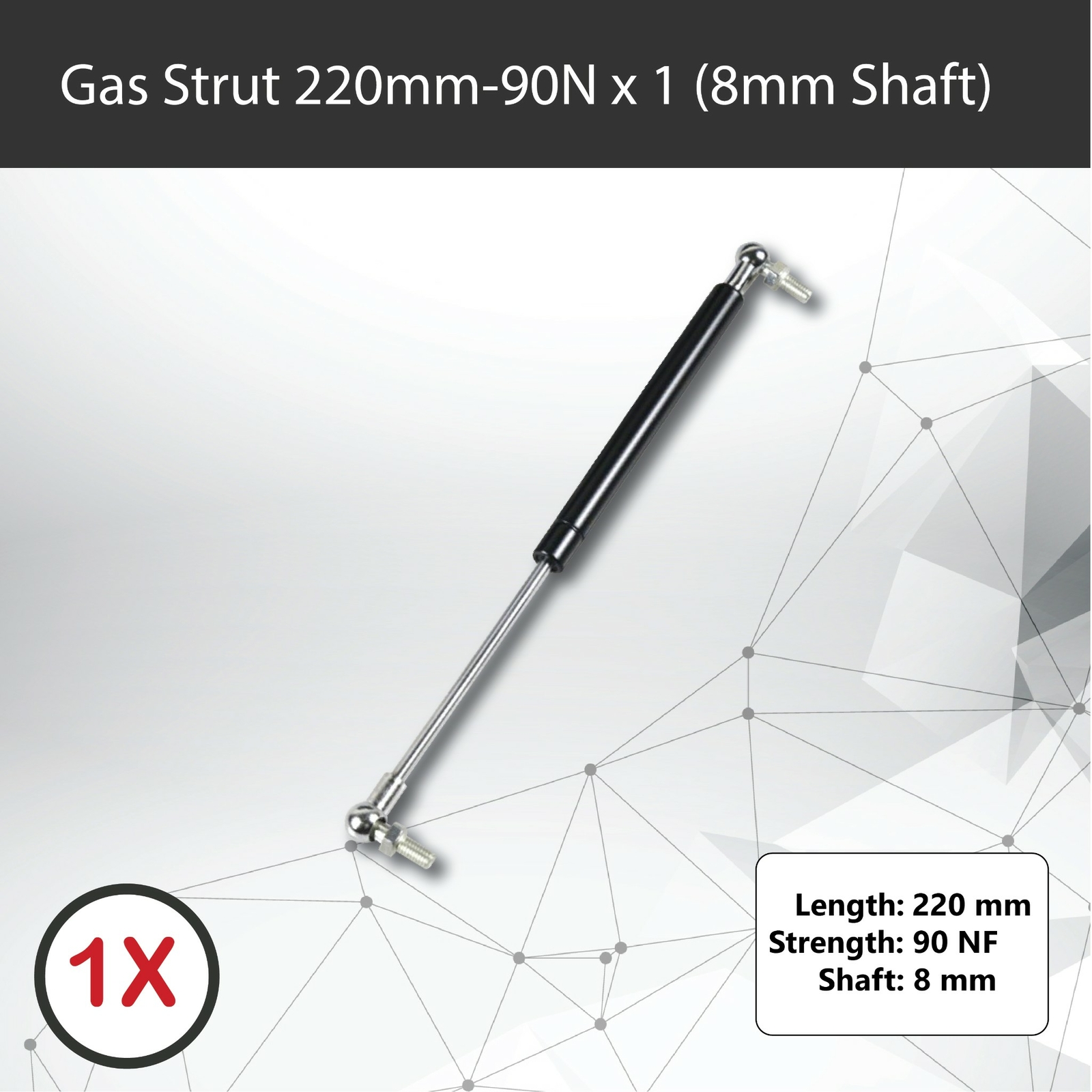 1 Gas Strut 220mm 90N 8mm Shaft 65mm Stroke Caravans Trailers Canopy Toolboxes