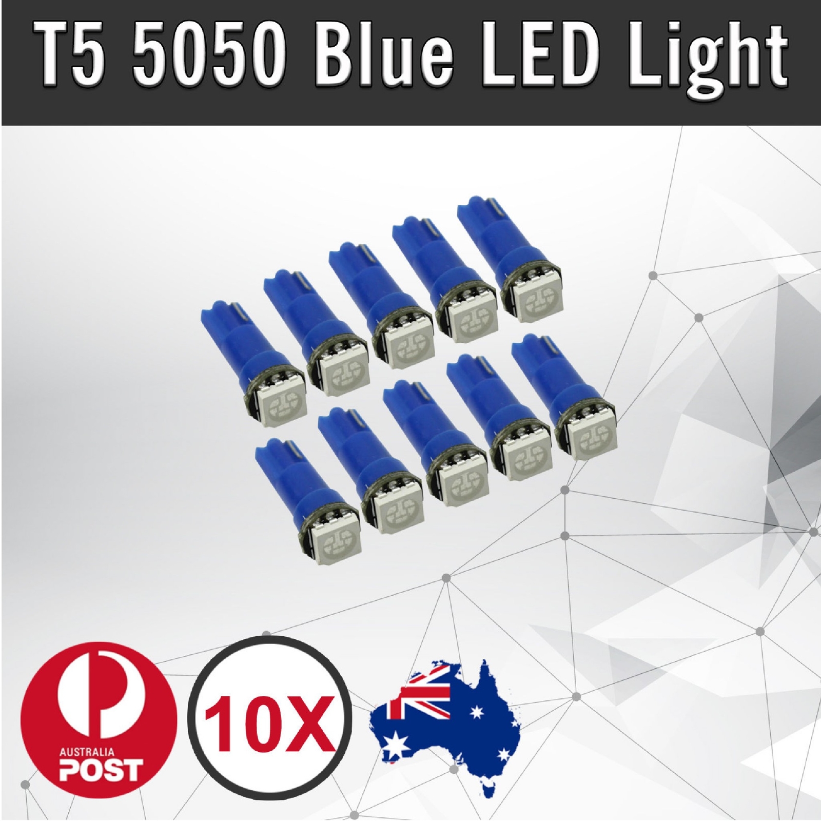 10pcs T5 5050 SMD LED Car Wedge Dashboard Instrument Blue Light Bulbs 12VDC 20mm