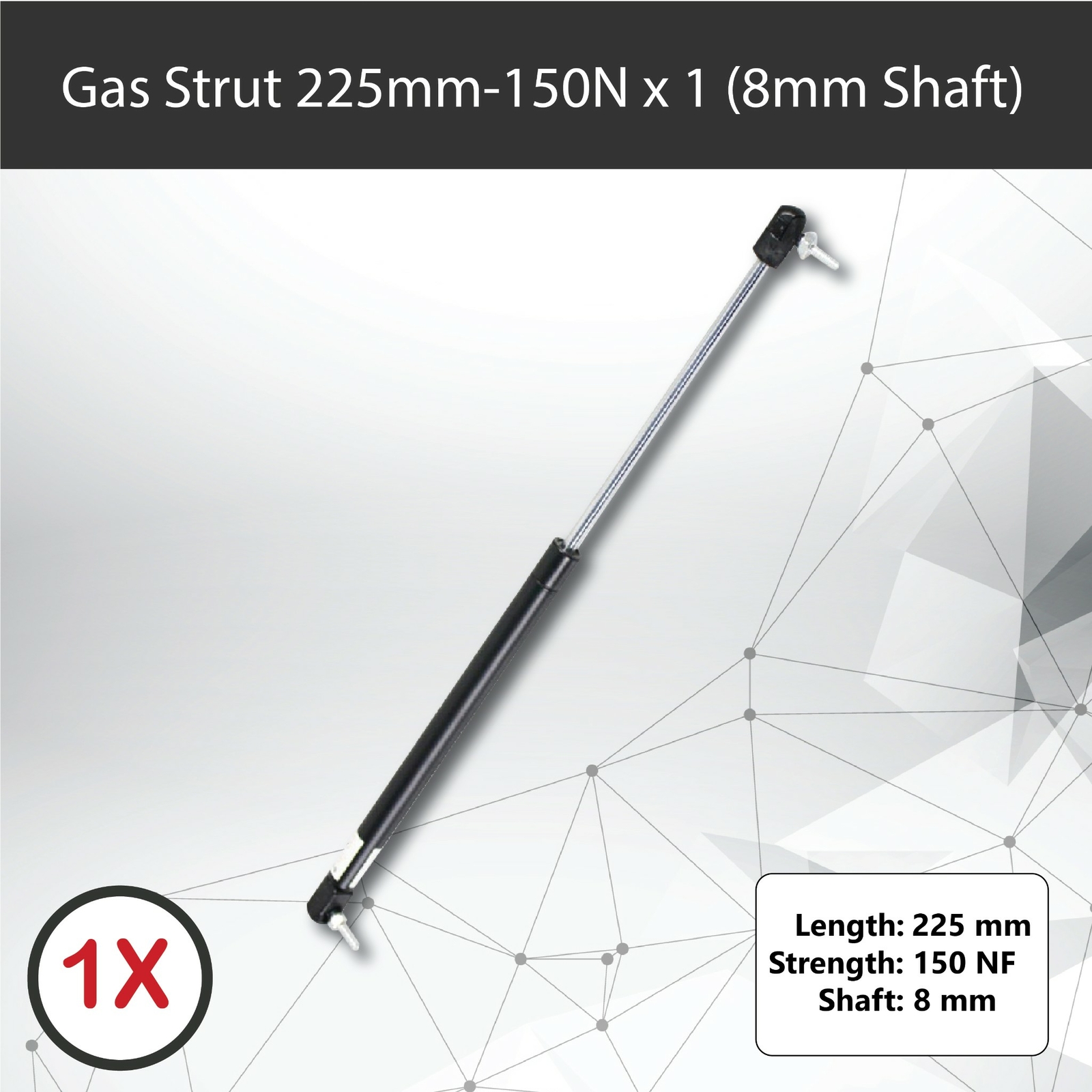 Gas Strut 225mm-150N x1 8mm Shaft 60mm Stroke 18mm Cylinder Caravans Trailers