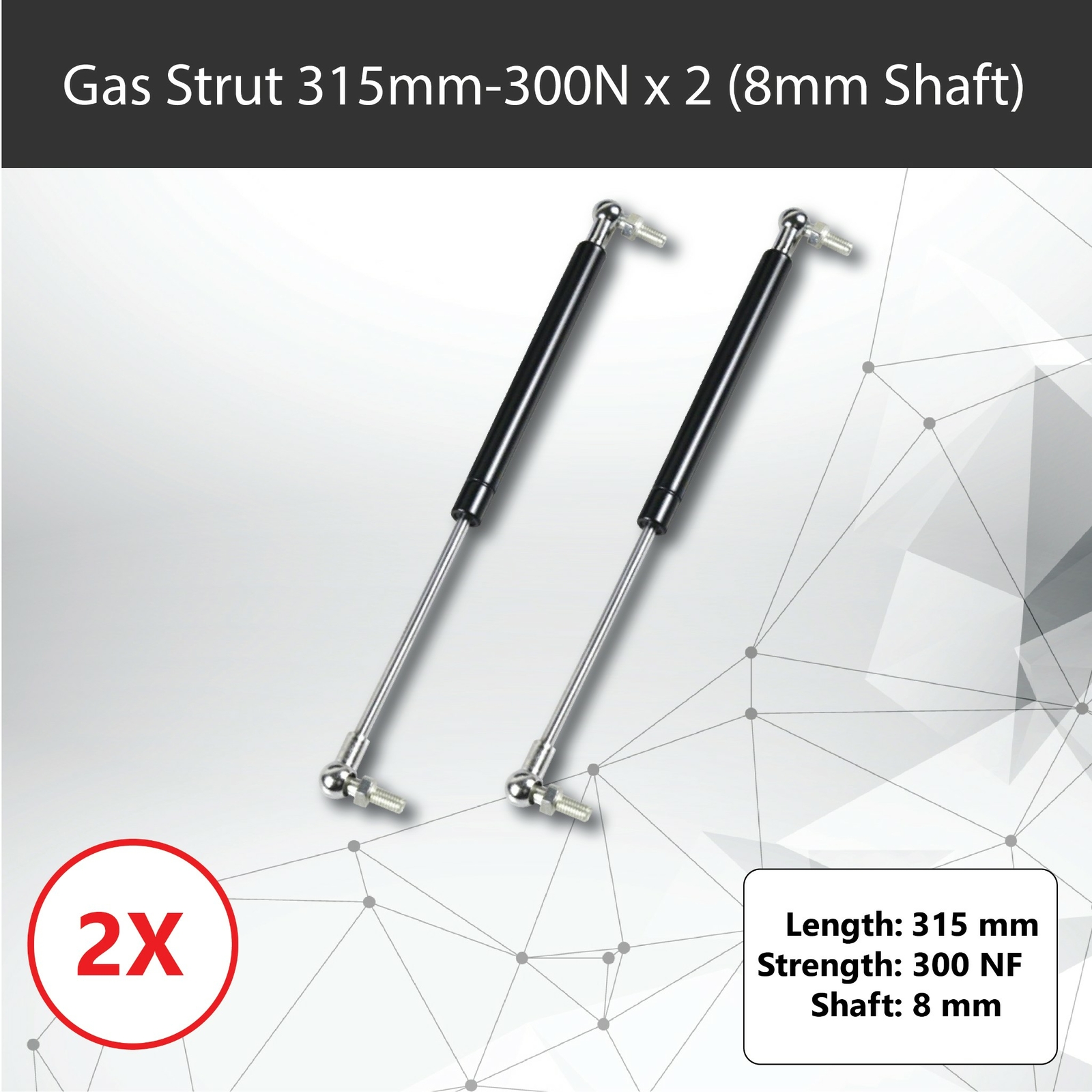 Gas Struts 315mm-300N x2 8mm Shaft 110mm Stroke 18mm Cylinder caravan trailer