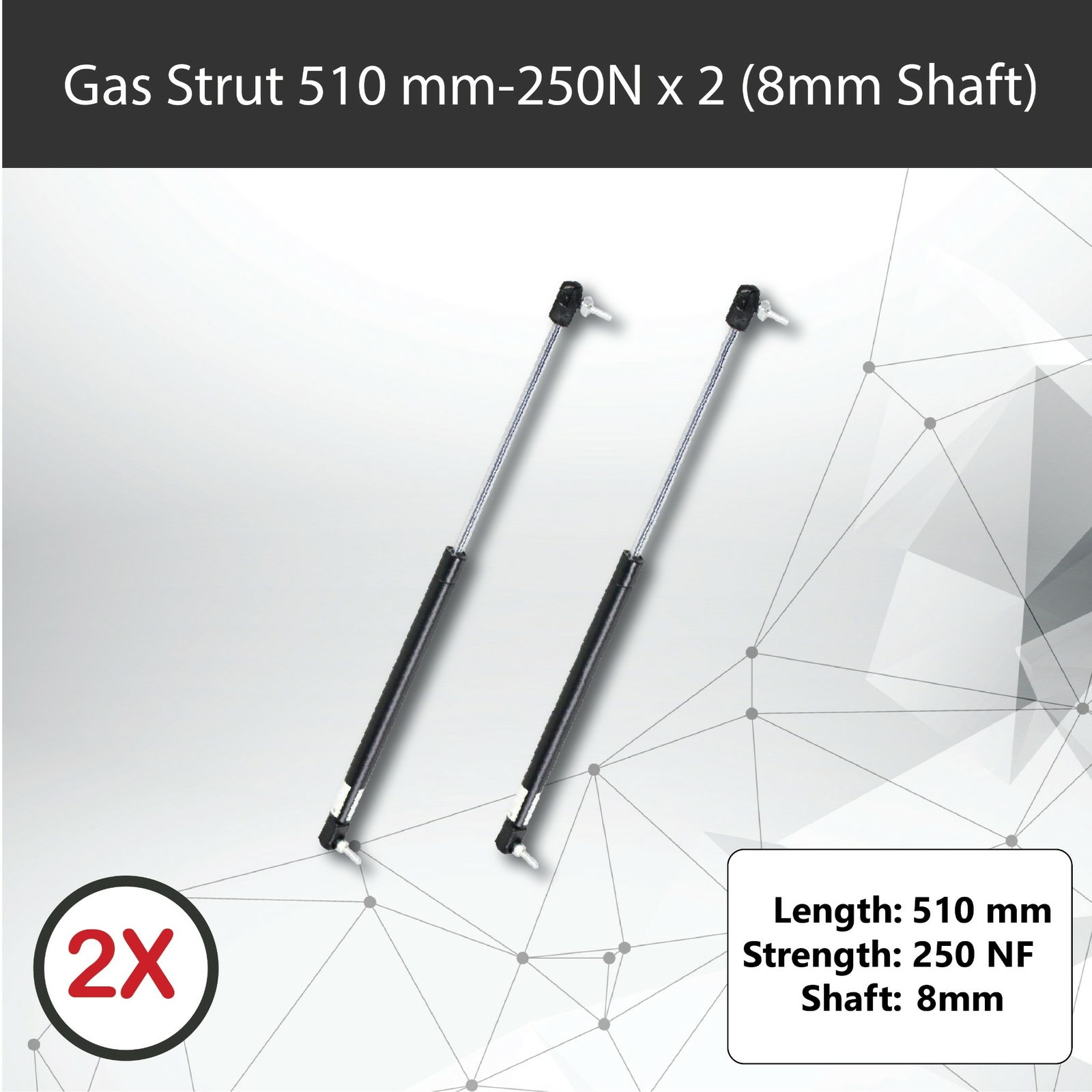 Pair x2 Gas Strut 510mm 250N 8mm Shaft 215mm Stroke Caravan Trailer Toolbox
