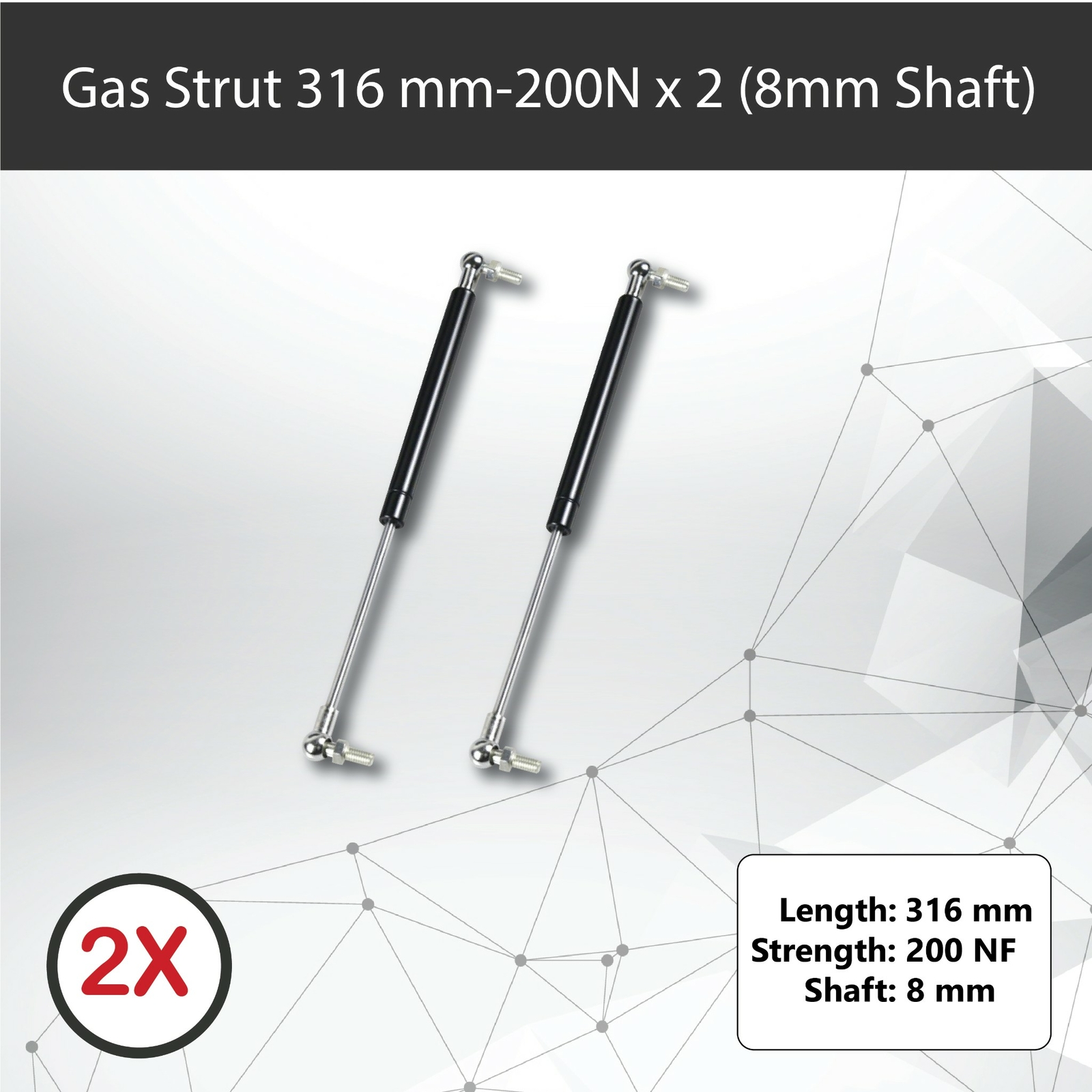 Gas Struts x2 316mm 200N 8mm Shaft Trailer Caravan Toolbox Canopy Stroke 110mm
