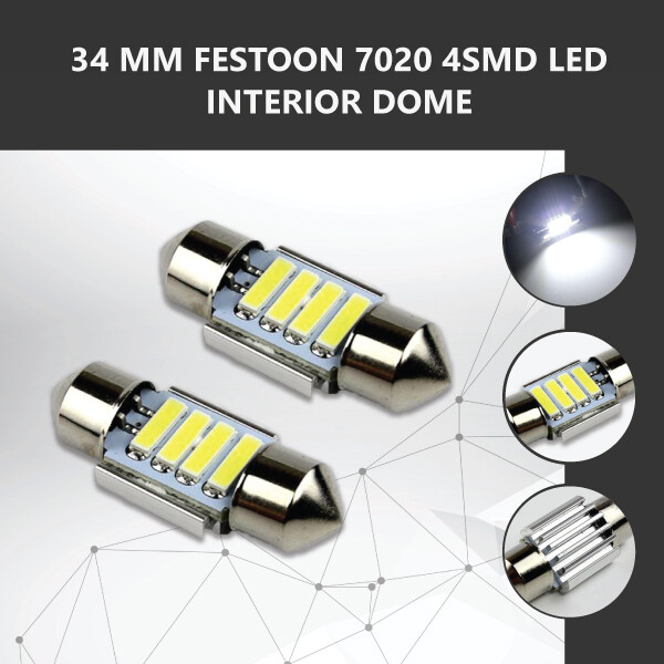 2x White LED 34mm Festoon 7020 4Smd Interior Dome Map Light Bulbs 12V 200lm Car