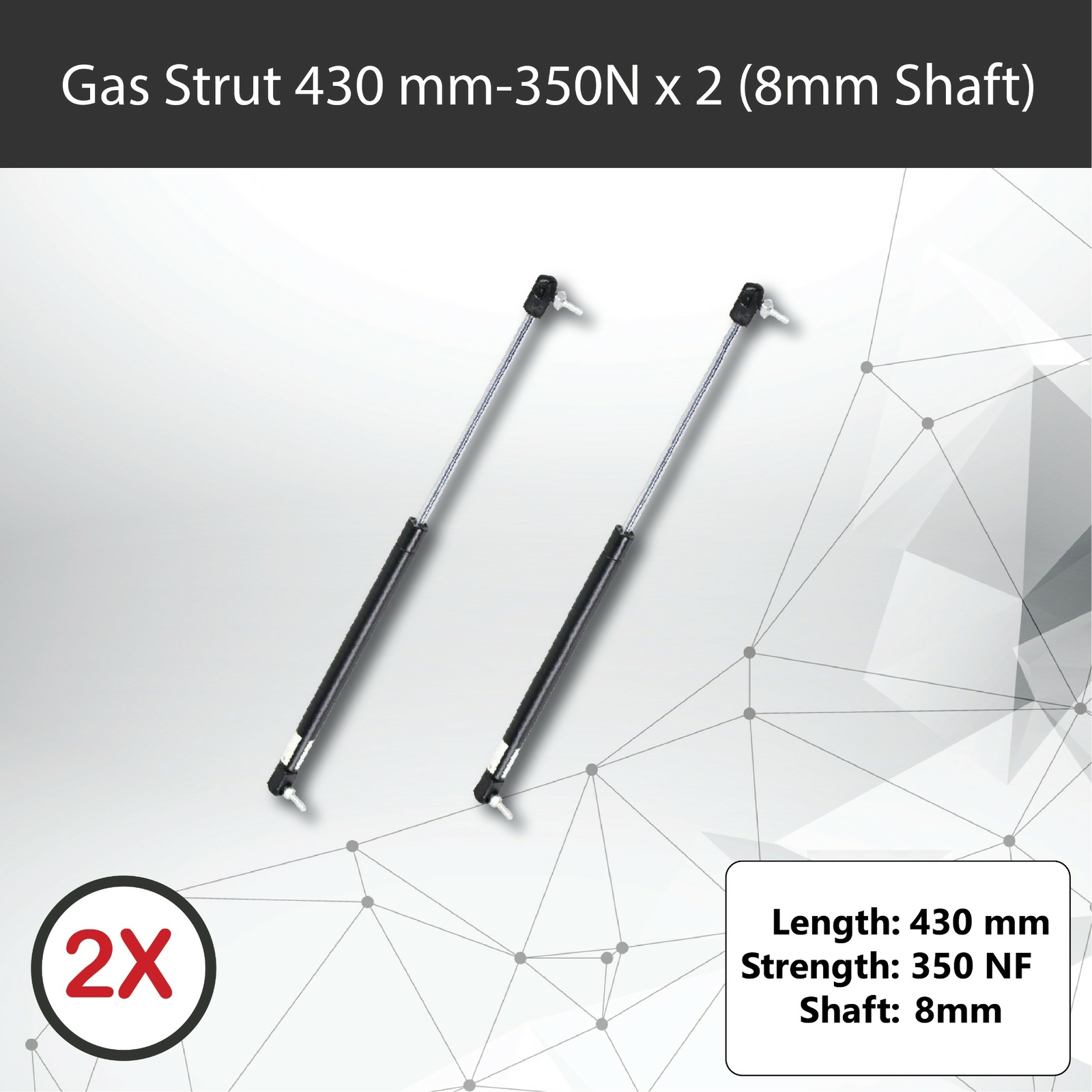 Gas Struts 430mm 350N x2 8mm Shaft Cylinder 18mm Caravans Trailers