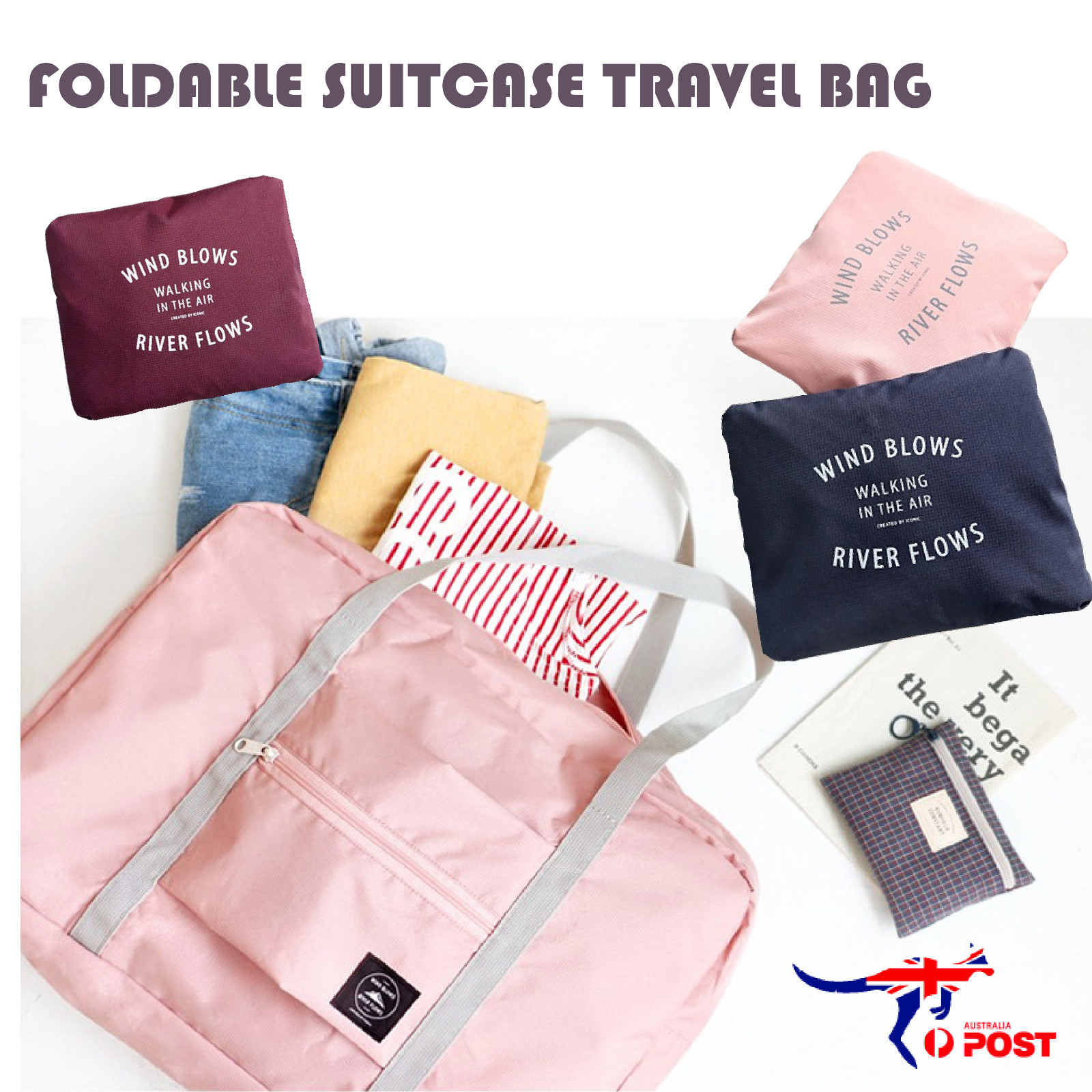 Foldable Waterproof Large Travel Suitcase Carry-On Polyester Wine Red Luggage