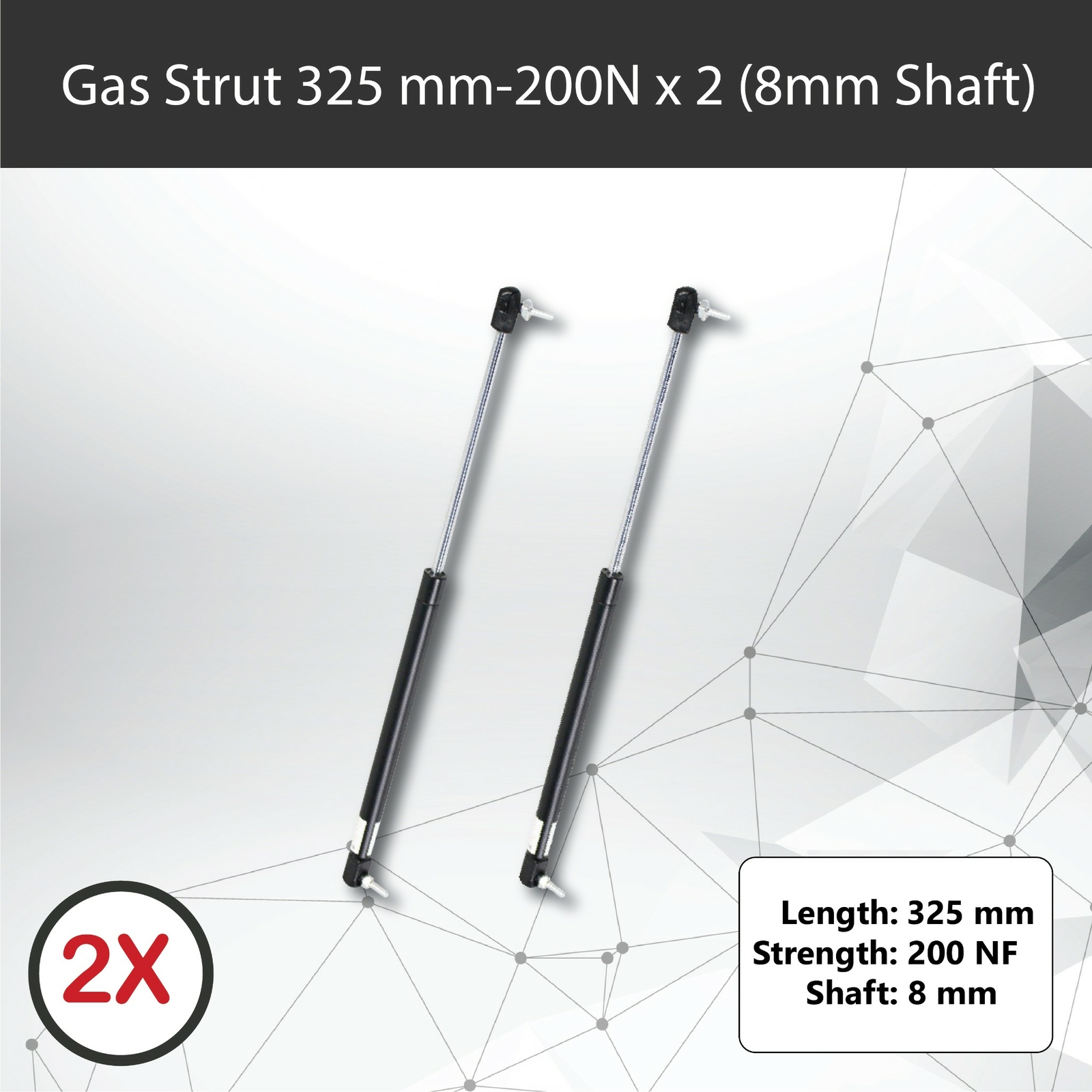 Gas struts 2x 325mm 200N 8mm Shaft 110mm Stroke 18mm Cylinder Caravan Trailer