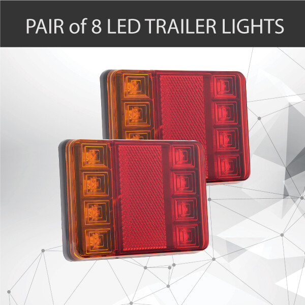 Pair 8 LED Trailer Tail Light Kit 12V Amber Red Trucks Utes Caravans Waterproof
