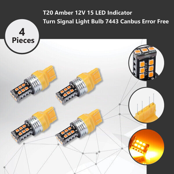 4x T20 7443 Amber 15-SMD 2835 LED Indicator Light Bulbs 12V Canbus Error Free