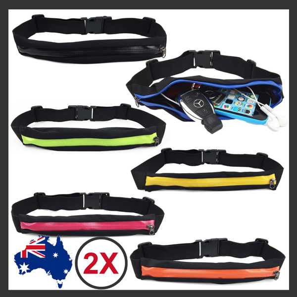 2 Waterproof Lycra Waist Running Belt Zip Double Pouch 65-100cm Black Hiking