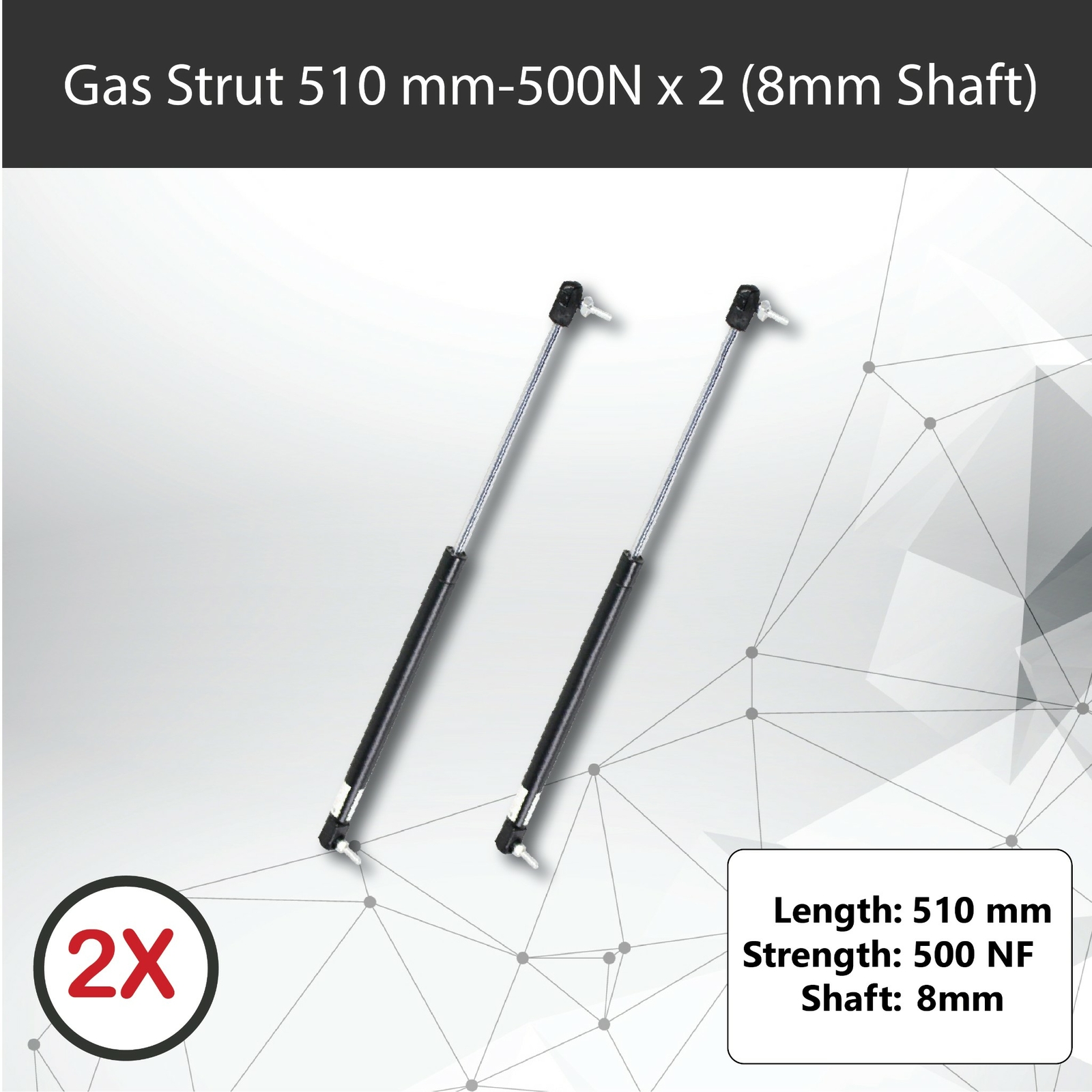 Gas Strut Pair 500N 510mm 8mm Shaft 215mm Stroke Caravans Trailers Toolbox Tent