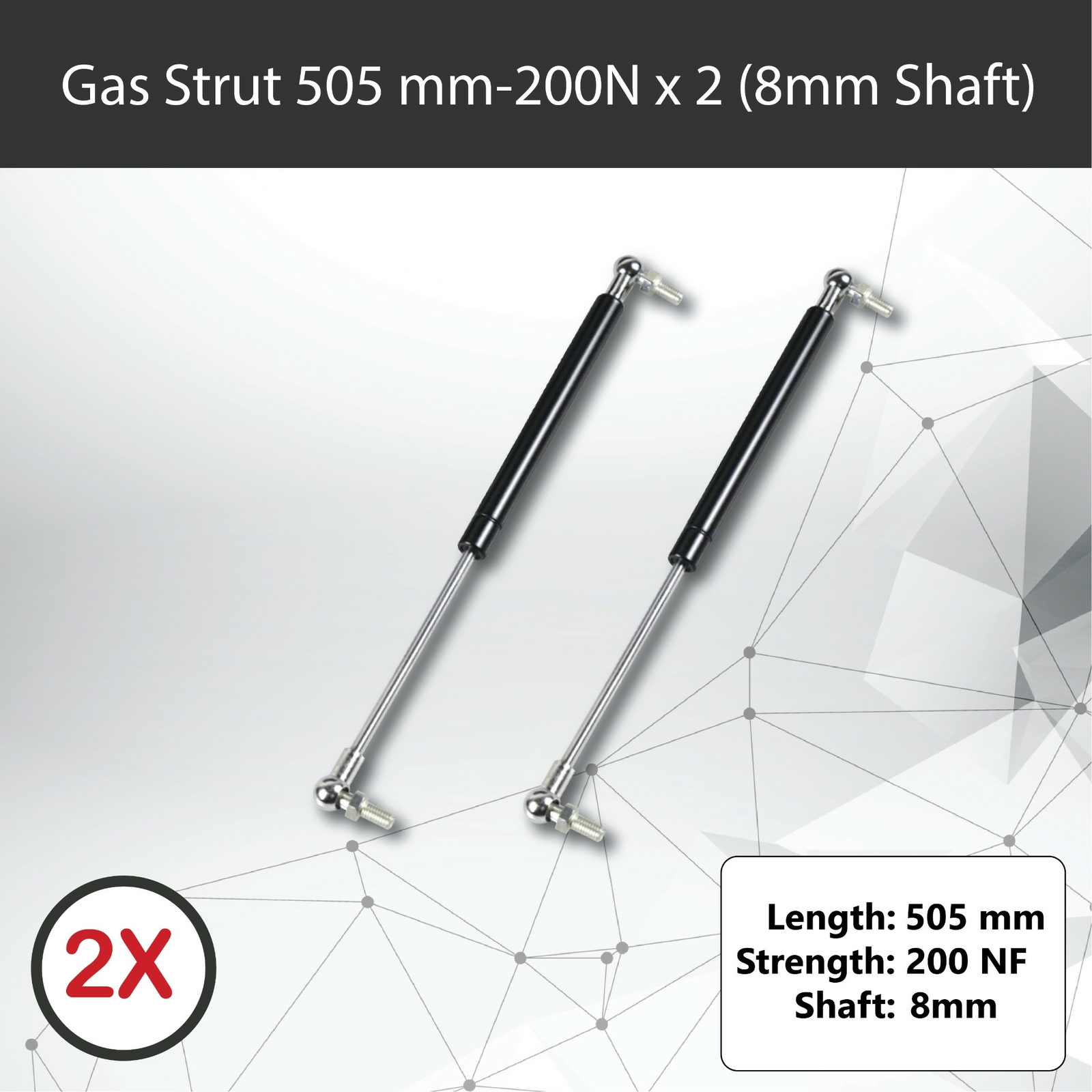 Gas Strut 505mm 200N x2 8mm Shaft 210mm Stroke 18mm Cylinder Caravan Trailer