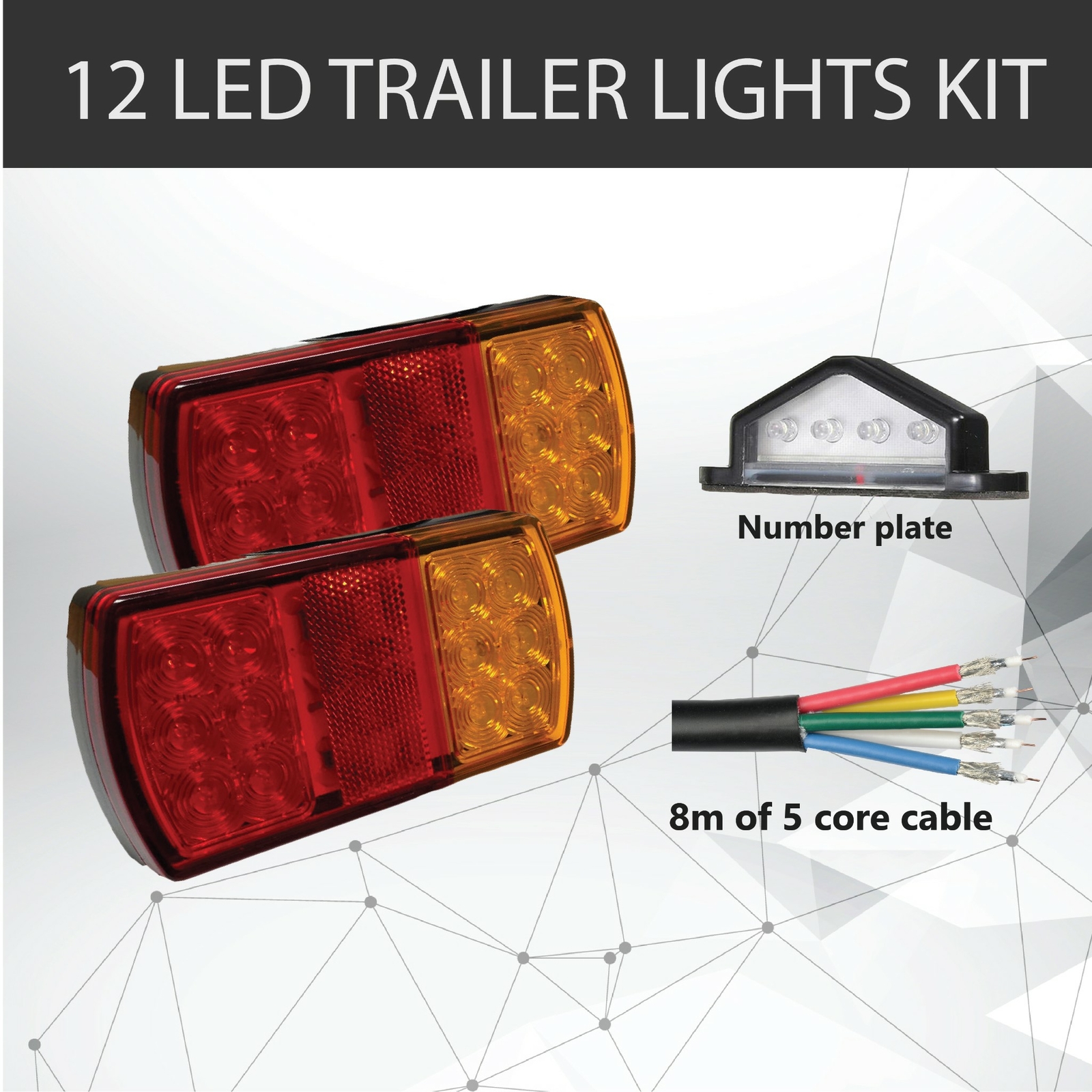 12 LED Trailer Light Kit 12V Waterproof Amber Red 8M Cable Number Plate 5 Core