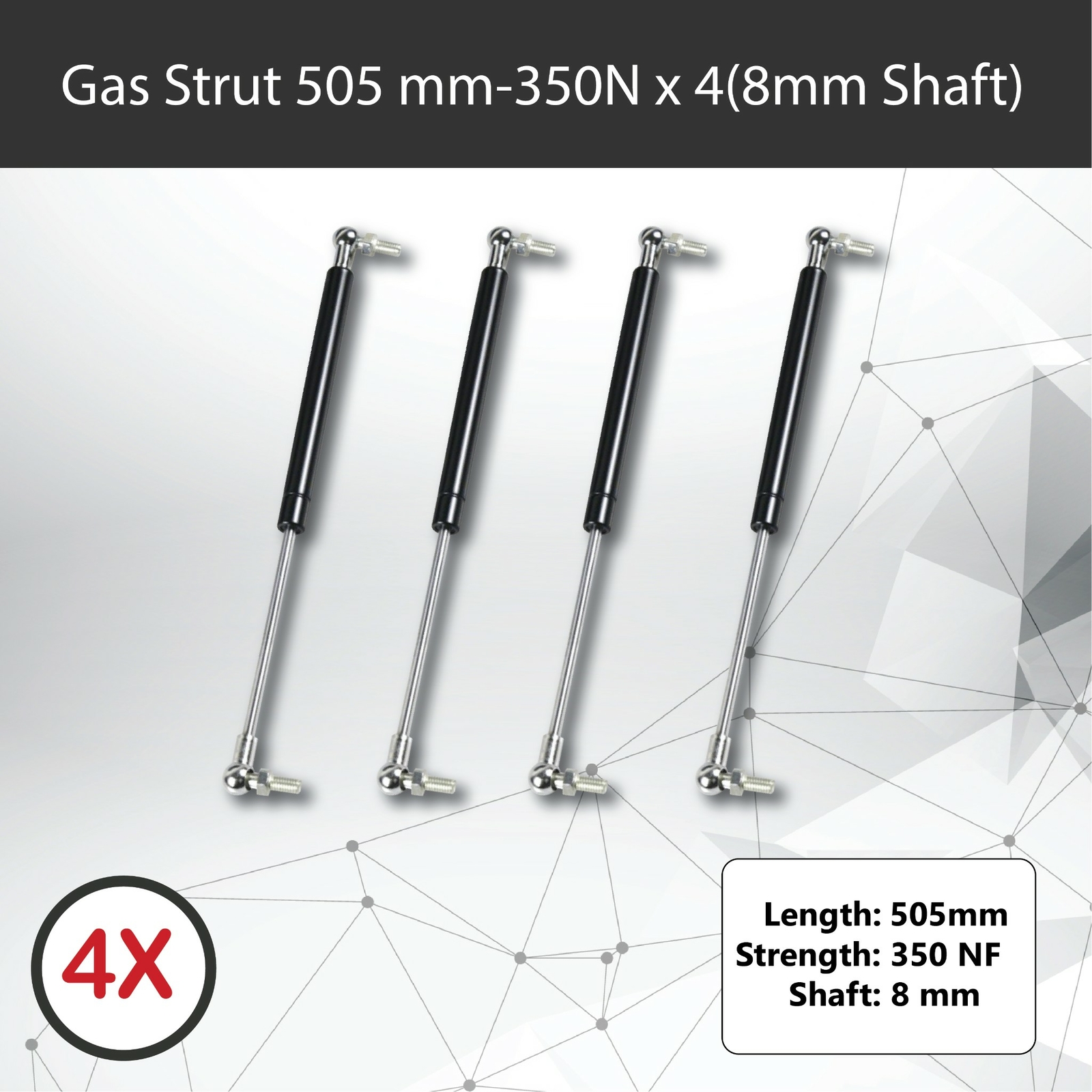 Gas Struts 505mm 350N x4 8mm Shaft 210mm Stroke Caravans Trailer Toolbox Canopy