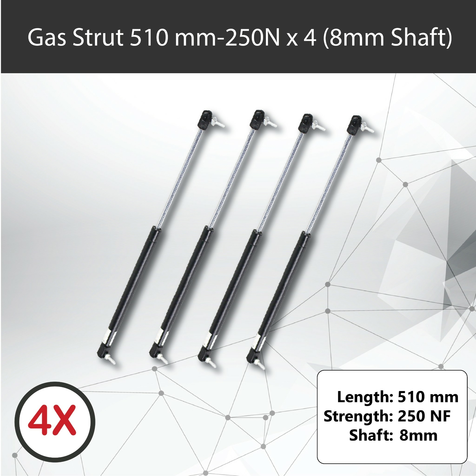 Gas Strut x4 510mm 250N 8mm Shaft Caravan Trailer Toolbox Canopy Tent Camper