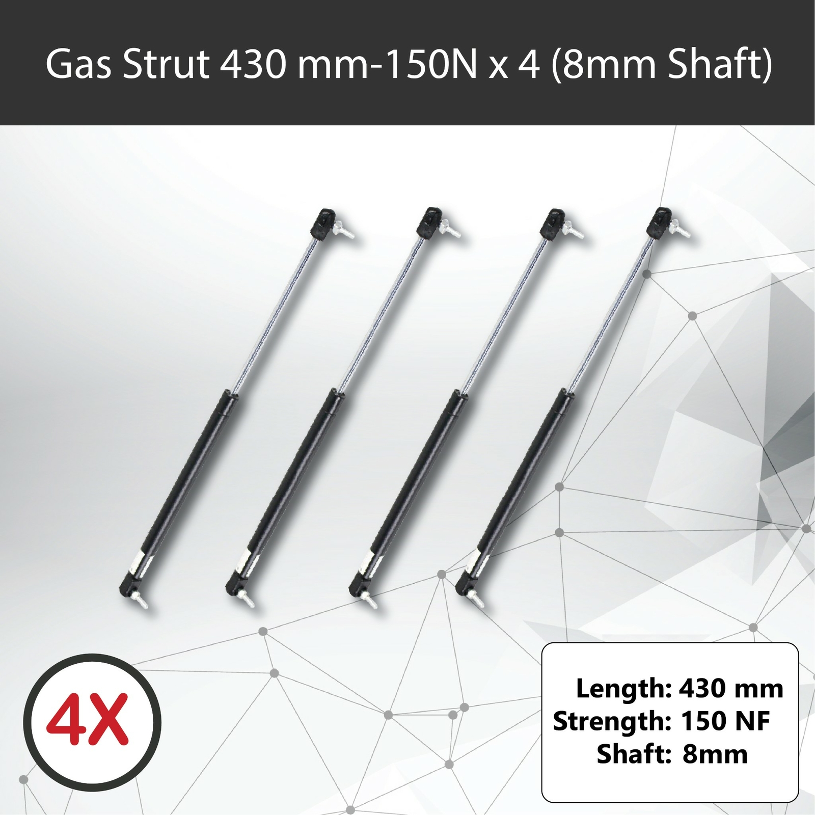Gas Strut 430mm 150N x4 8mm Shaft 170mm Stroke 18mm Cylinder Caravans Trailer