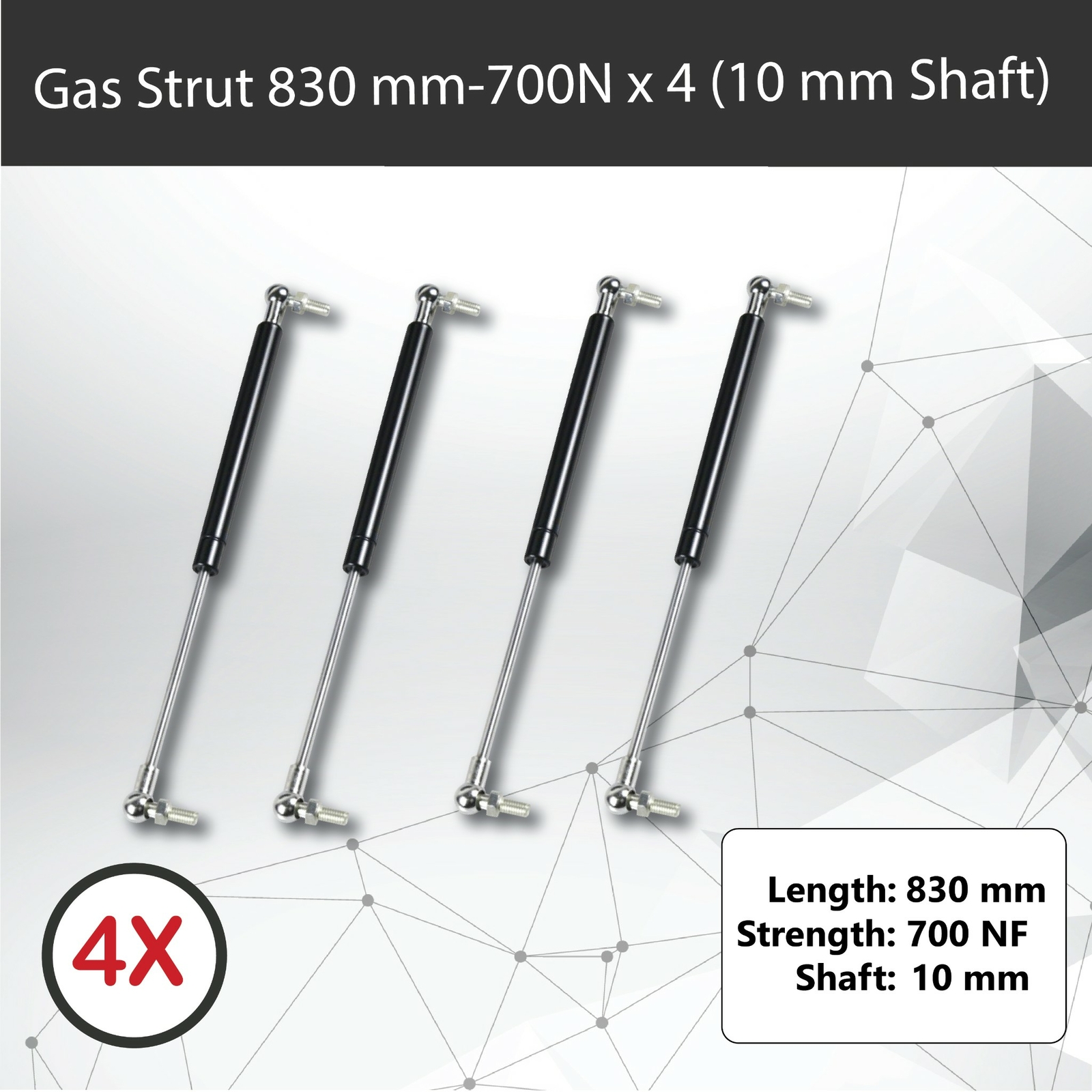 4 Gas Struts 830mm 700N 10mm Shaft 350mm Stroke Caravans Trailers Toolboxes
