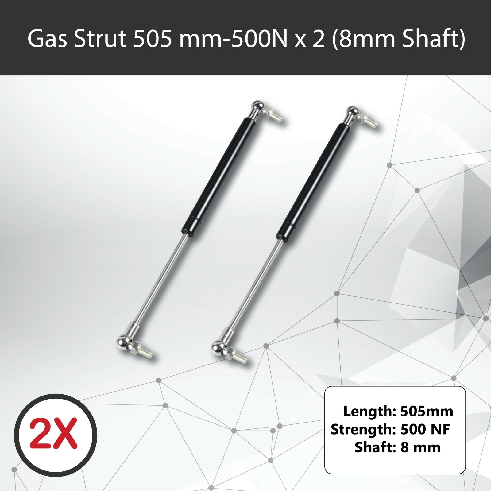 Gas Struts Pair 505mm 500N x2 8mm Shaft 210mm Stroke 18mm Cylinder Caravans