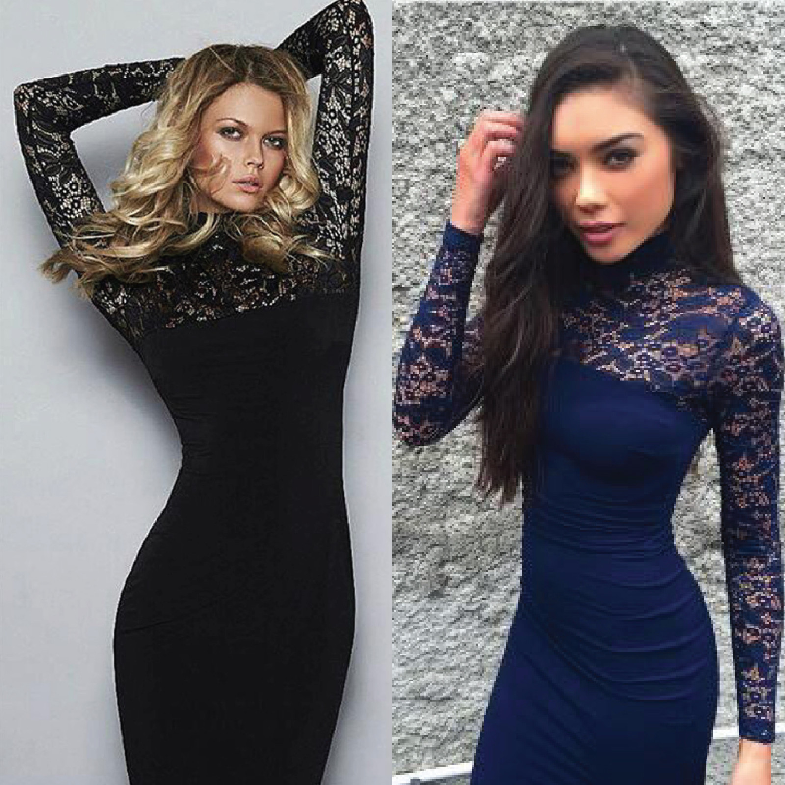 Women Bodycon Dress Long Sleeve Floral Lace Stretch collar Black Panelled Casual