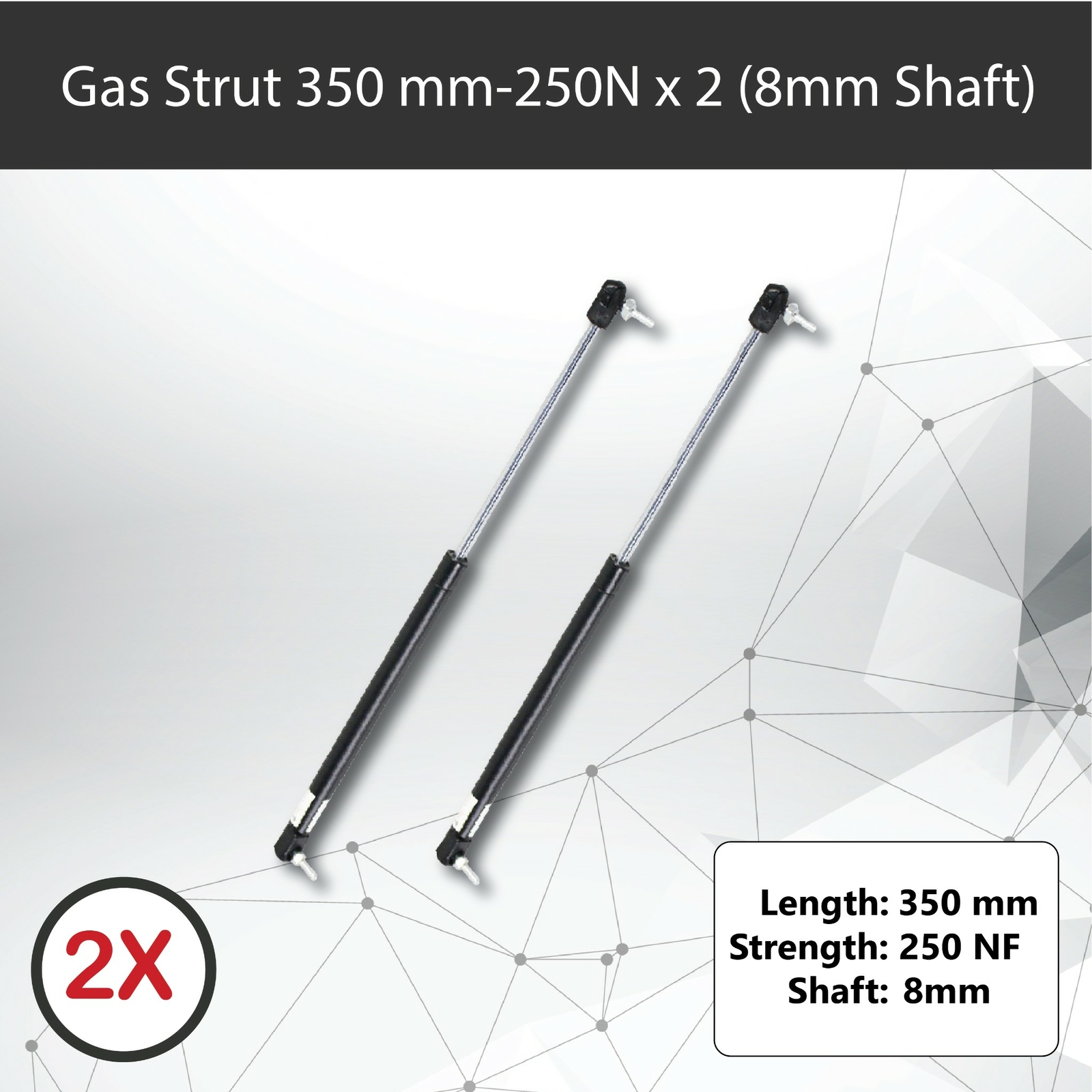 Gas Strut Pair 350mm 250N 8mm Shaft 130mm Stroke 18mm Cylinder Trailer Caravan