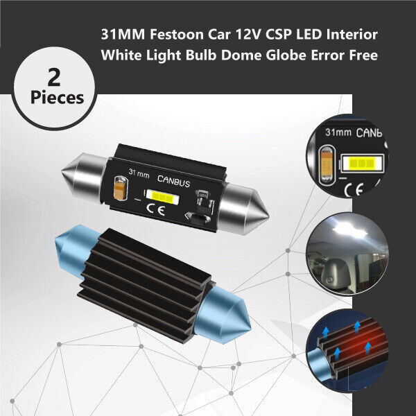 2x 31MM Festoon CSP LED 12V White 800lm 6000K Canbus Interior Dome Globe Light