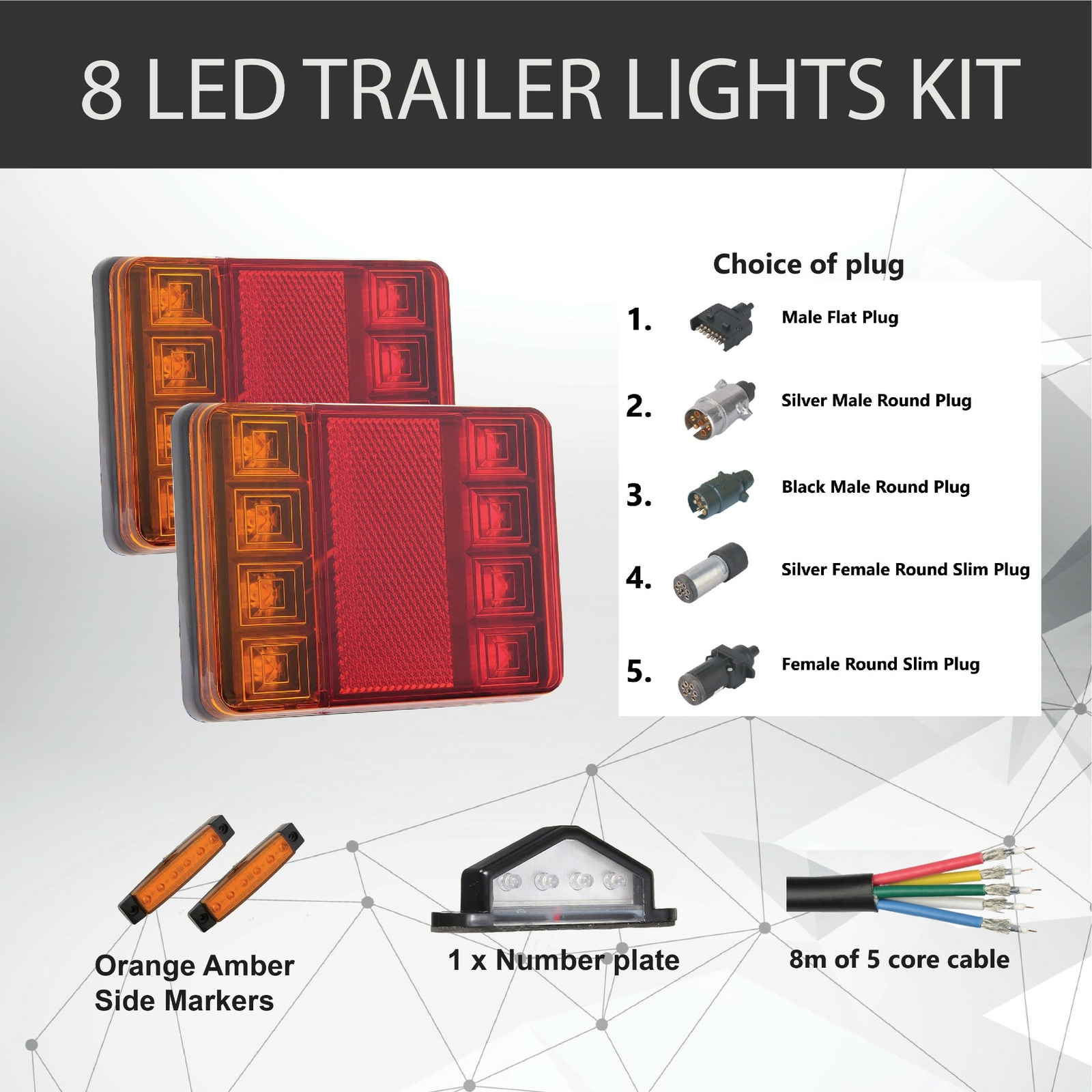 8 LED Trailer Lights Kit 12V Stop Indicator Side Marker Amber Red Waterproof