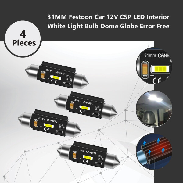 4x 31MM Festoon CSP LED 12V White Interior Light Bulb Dome Globe 800lm Canbus