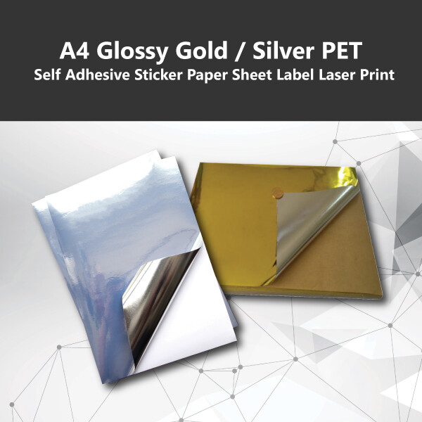 A4 Glossy Gold / Silver PET Self Adhesive Sticker Paper 50 Piece Laser Labels