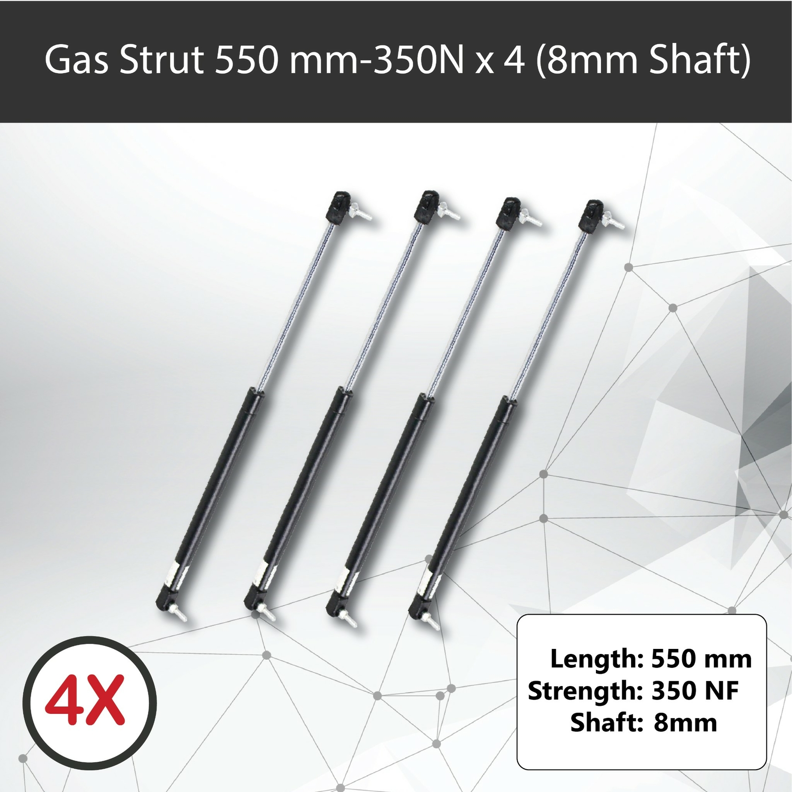 Gas Strut x4 550mm 350N 8mm Shaft 230mm Stroke Caravans Trailers Canopy Toolbox