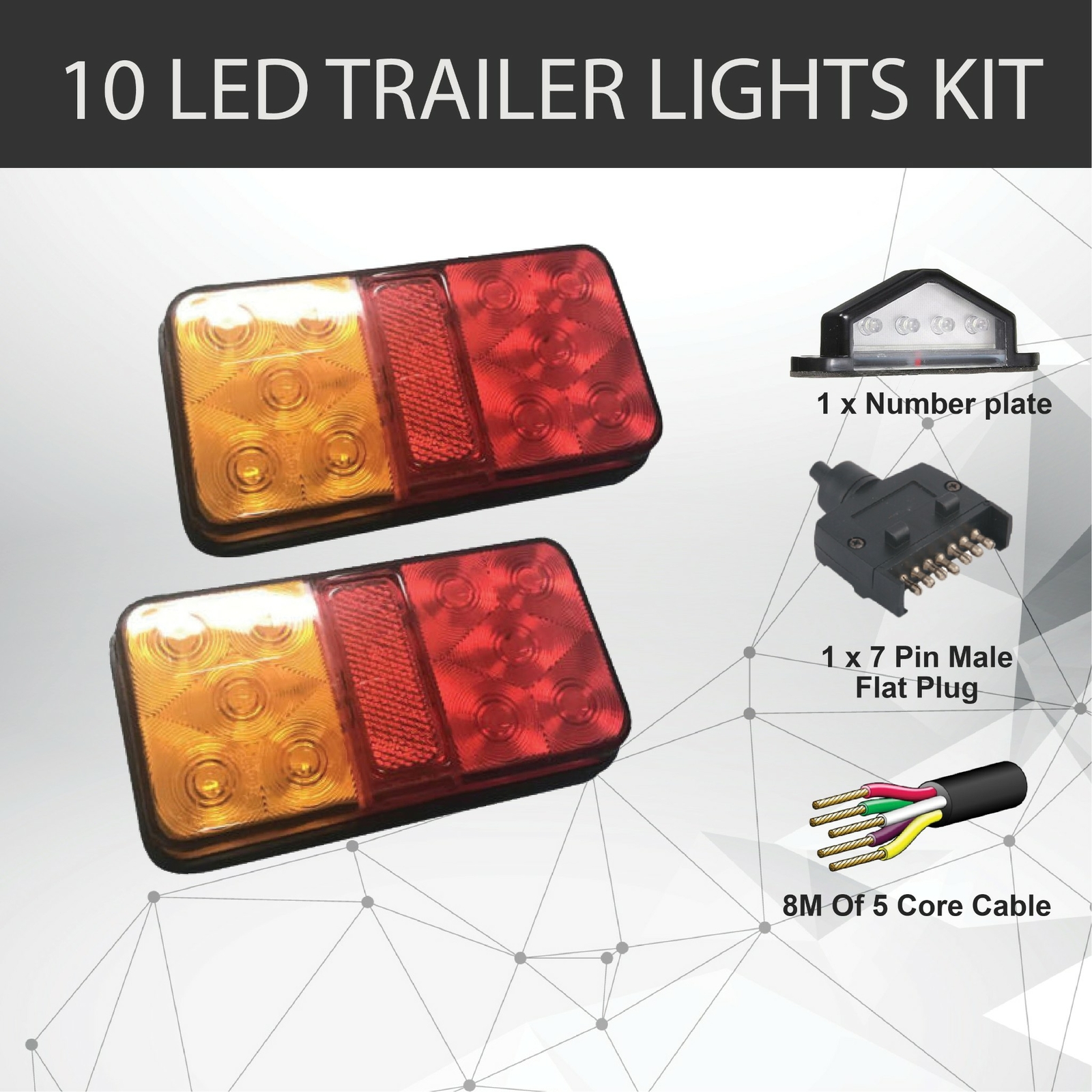 LED Trailer Light Kit 2 x10 12V Amber Red Stop Indicator 8M 5 Core Cable Plug