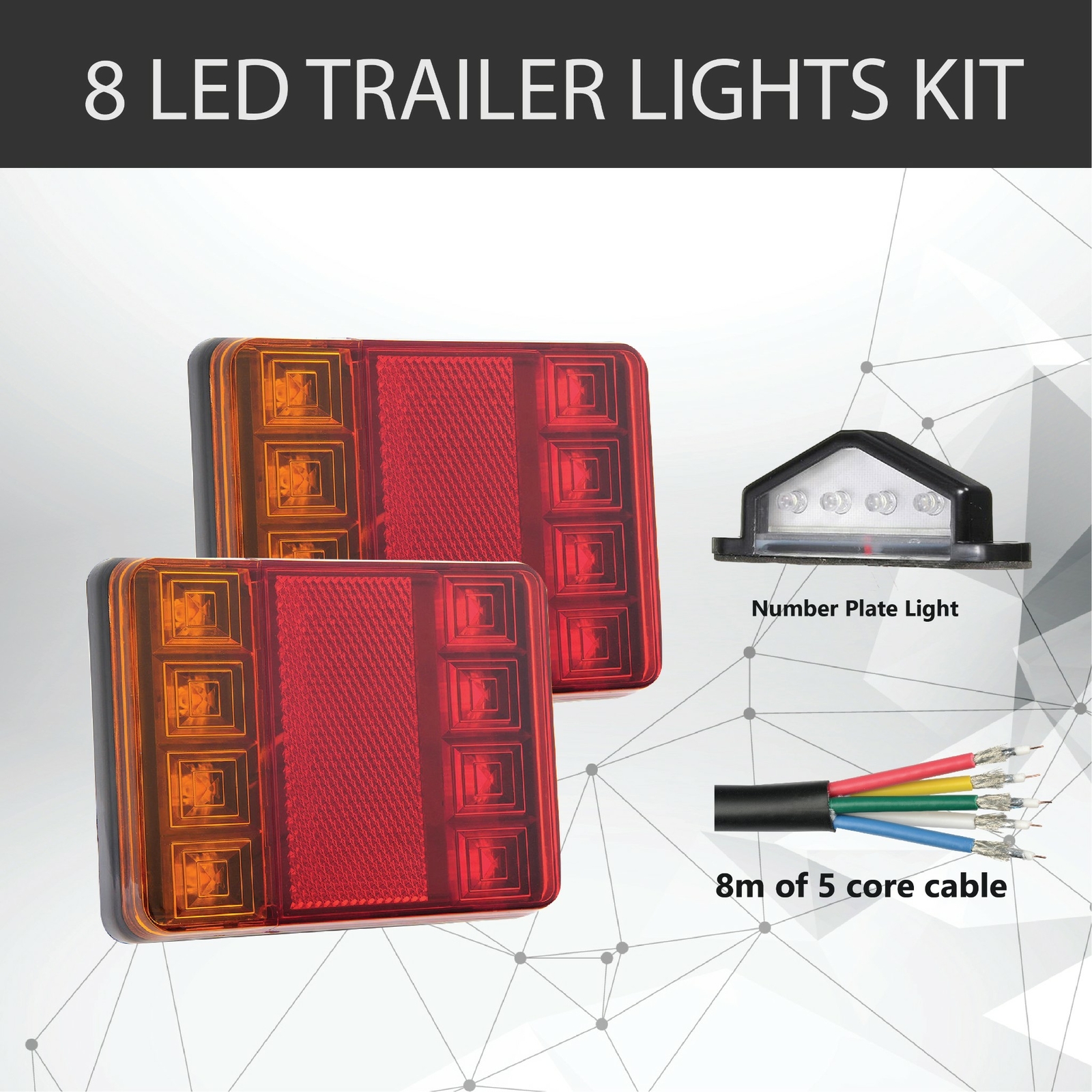 8 LED Trailer Tail Light Kit Pair 12V Waterproof 8M 5 Core Cable Number Plate