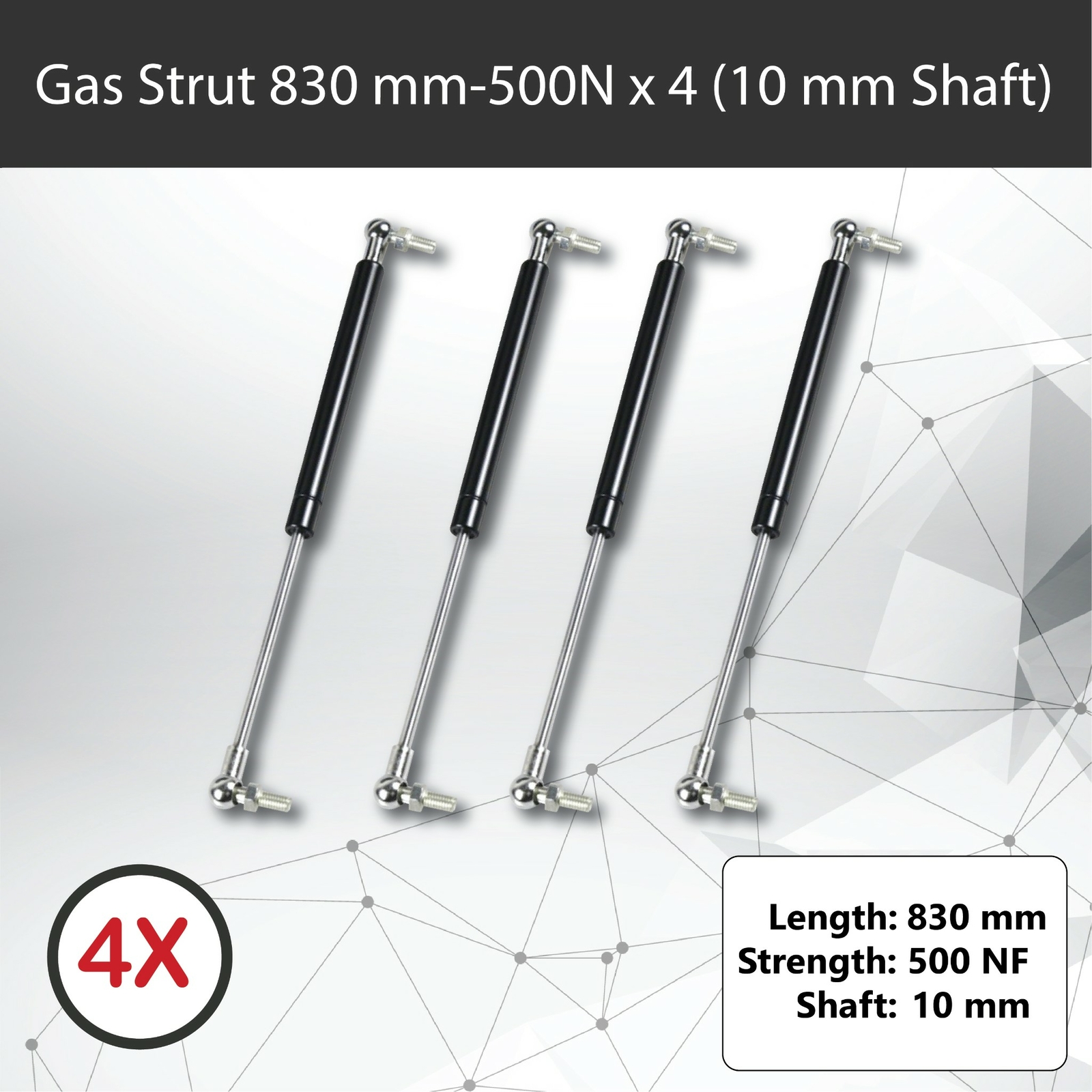 Gas Struts 830mm 500N 4 10mm Shaft Trailer Caravan Canopy Toolbox Stroke 350mm